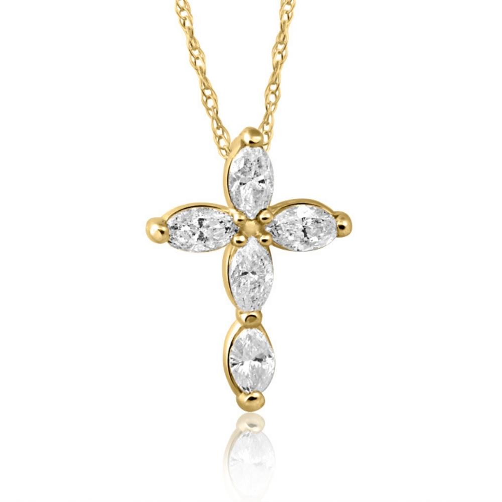 1/2 CT Marquise Diamond Cross Petite Pendant Yellow Necklace Gold (1/2 inch tall)