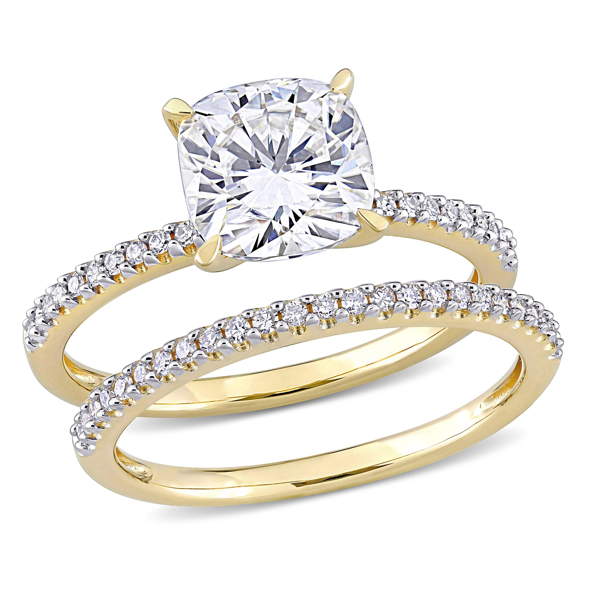 2 ct DEW Cushion Created Moissanite and 1/4 ct TW Diamond Bridal Ring Set in 14k Yellow Gold