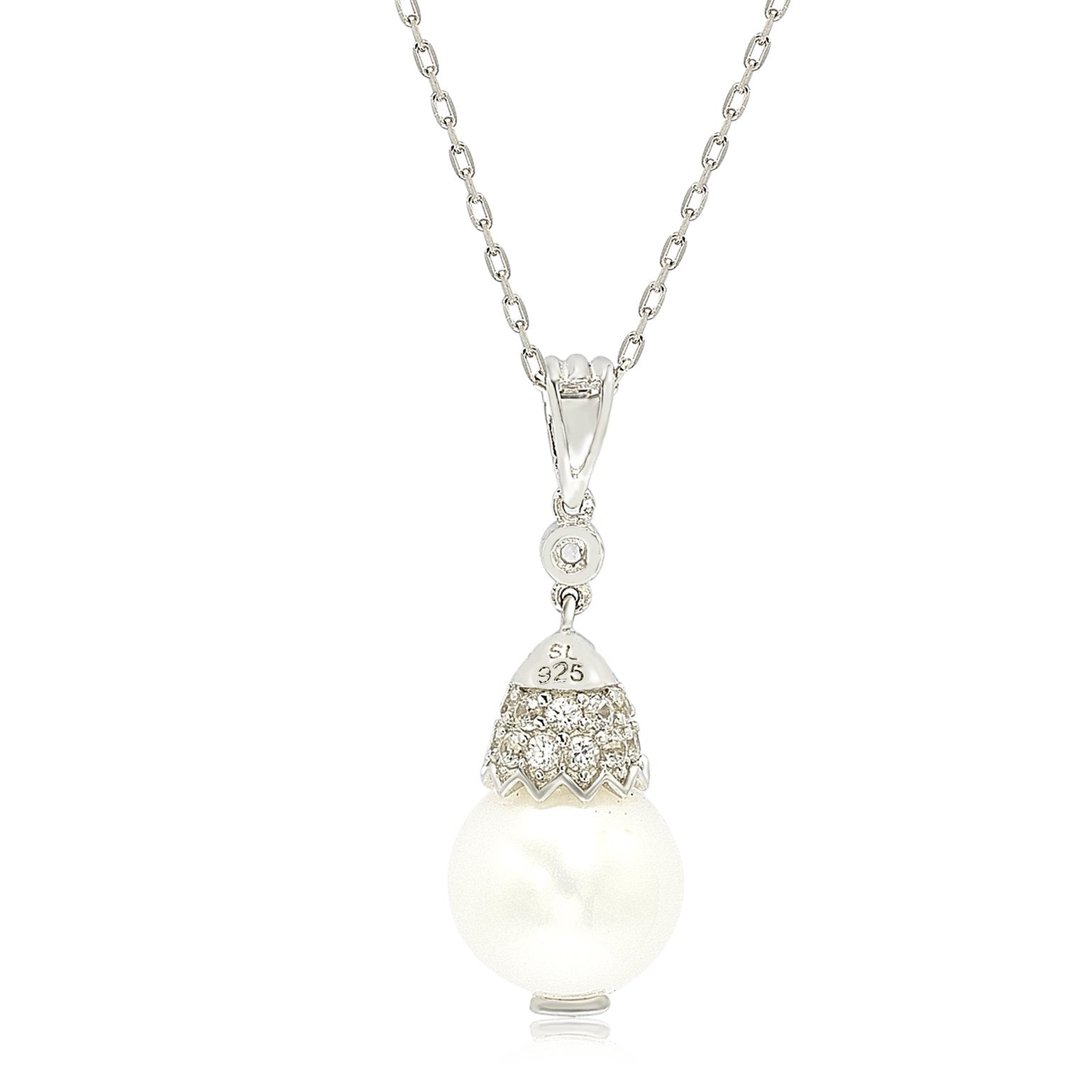 Suzy Levian Sterling Silver Pearl & White Sapphire Crown Pendant