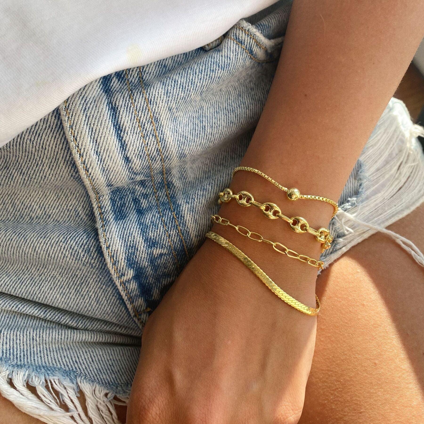 Herringbone Sterling Silver Snake Bracelet - Gold