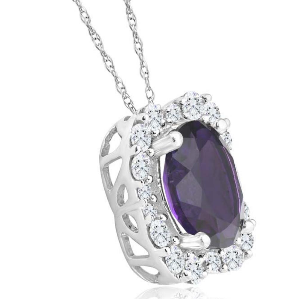 3 3/4Ct Oval Amethyst Diamond Pendant 10k White Gold Women's Necklace