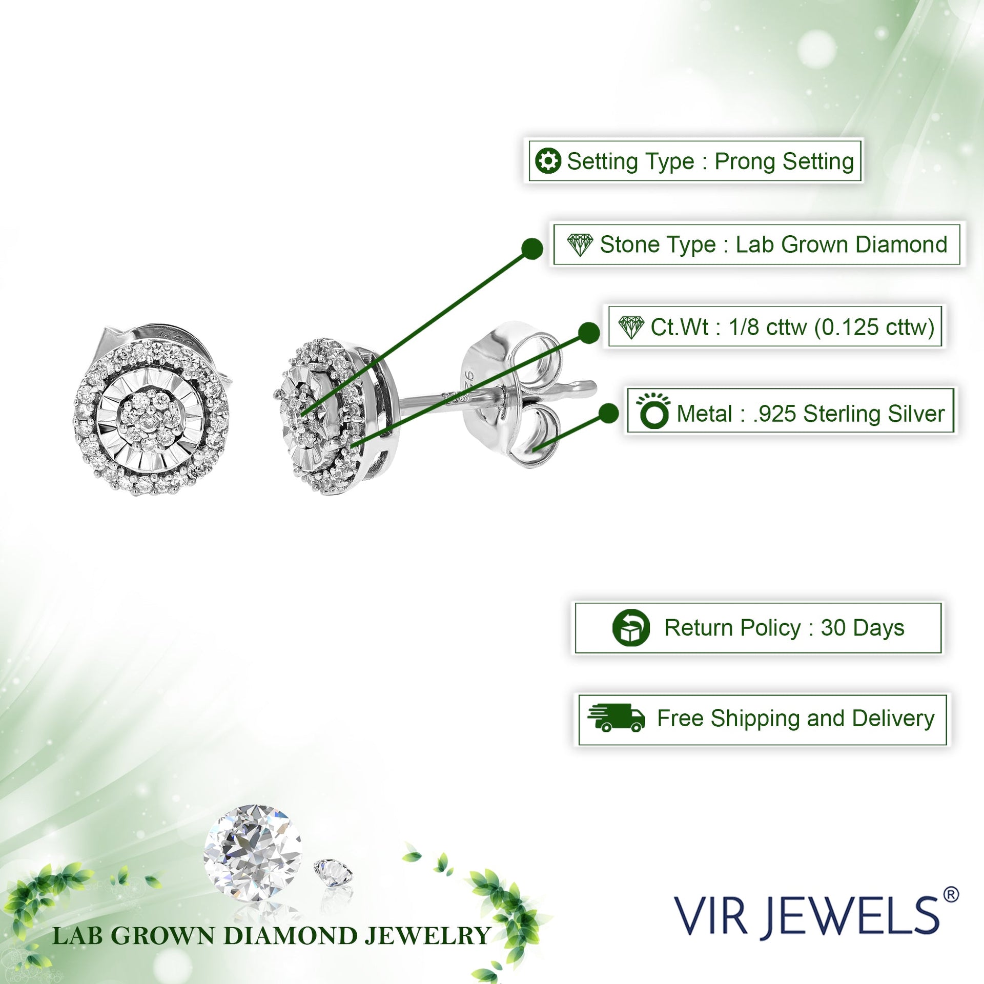1/8 cttw 64 Stones Round Lab Grown Diamond Studs Earrings .925 Sterling Silver Prong Set, 1/2 Inch