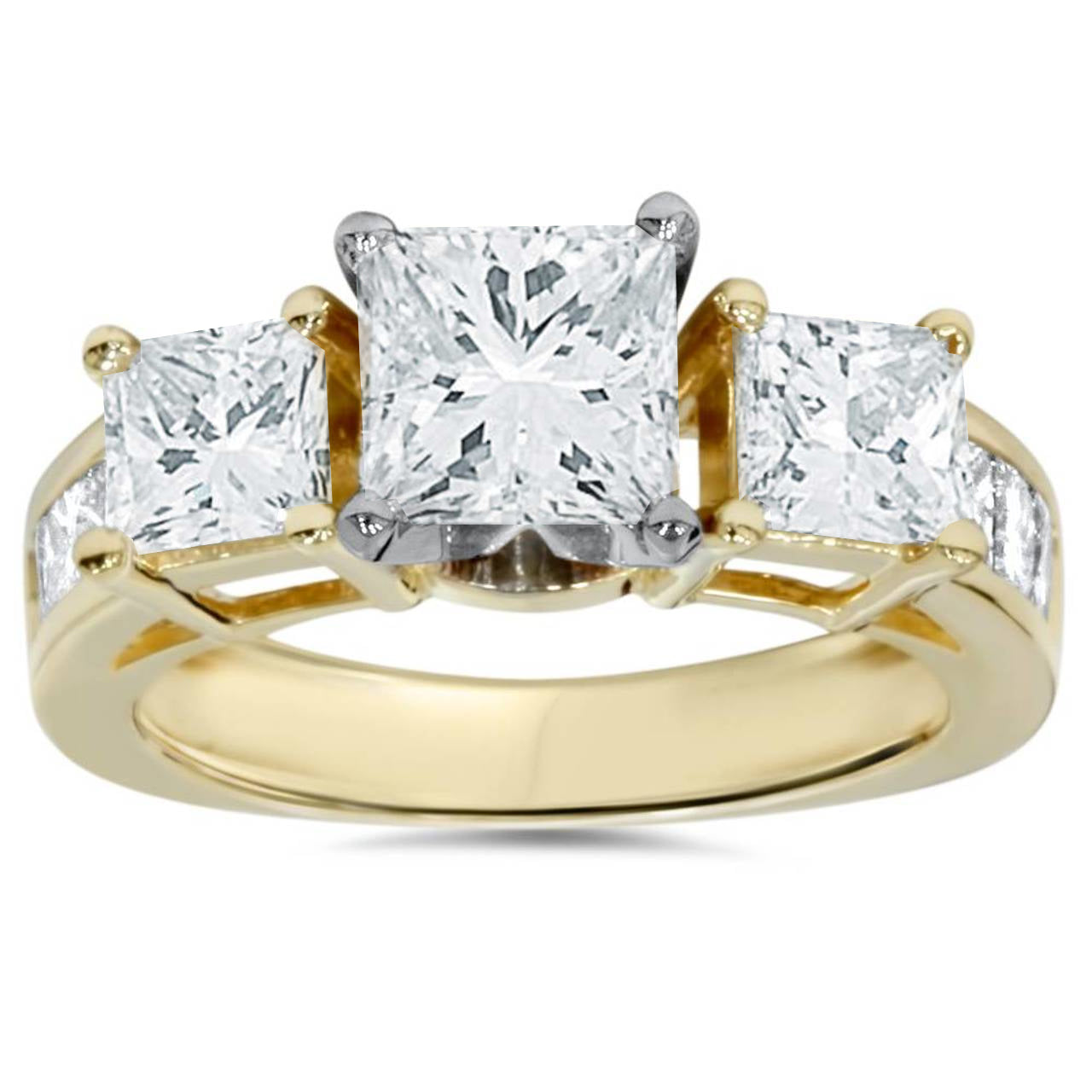 2 CT Princess Cut Diamond 3 stone Engagement Ring 14K Yellow Gold