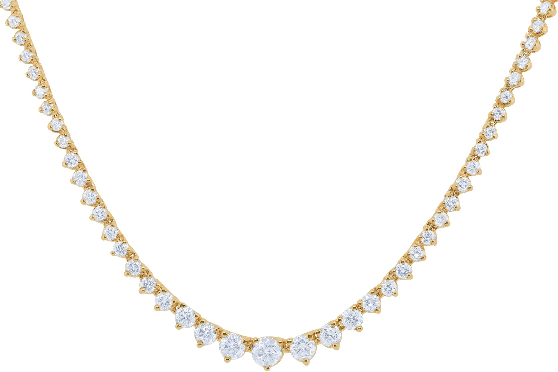 14kt yellow gold, 17' diamond graduated tennis necklace featuring 5.66 cts tw, 14.40 GM round diamonds