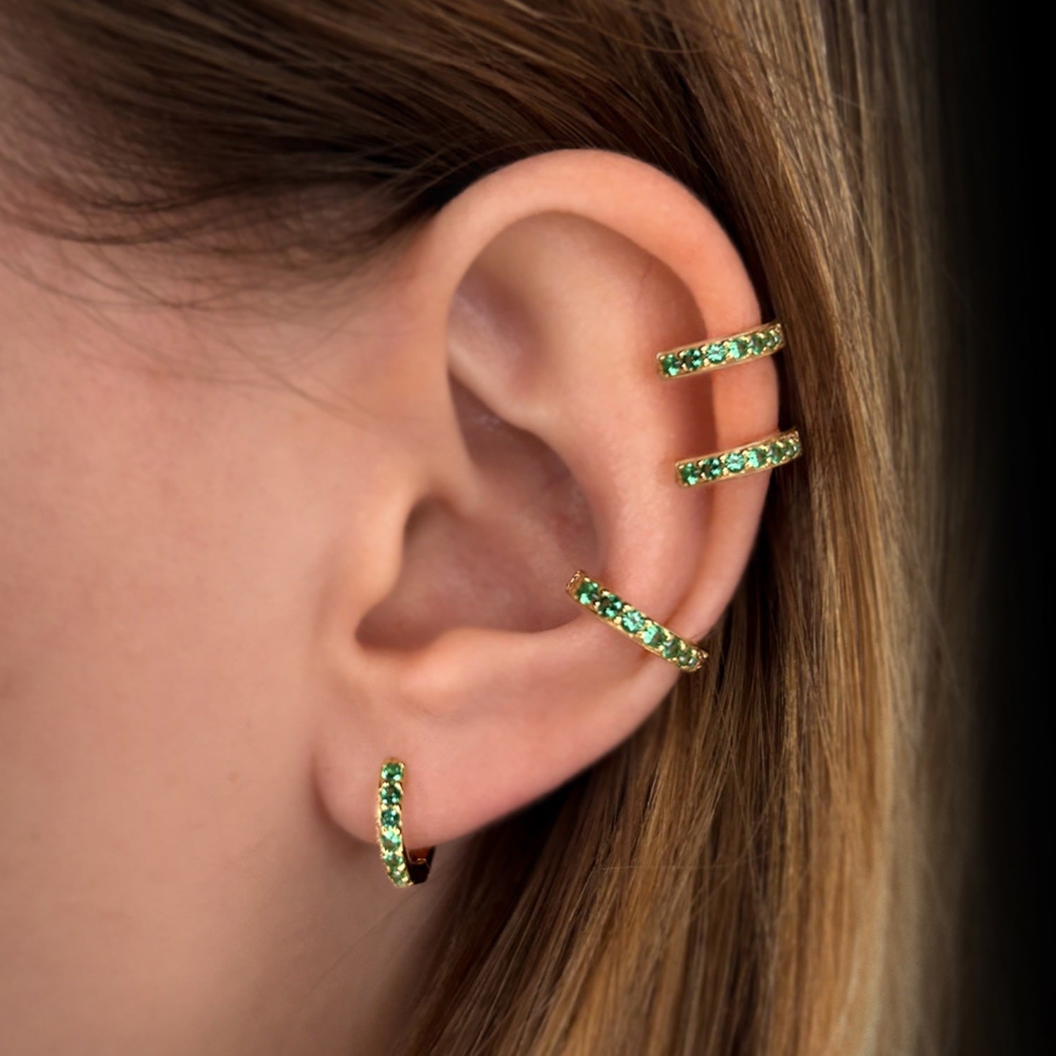 Light Huggie Earrings With Man Made Emeralds In 18K Gold Vermeil