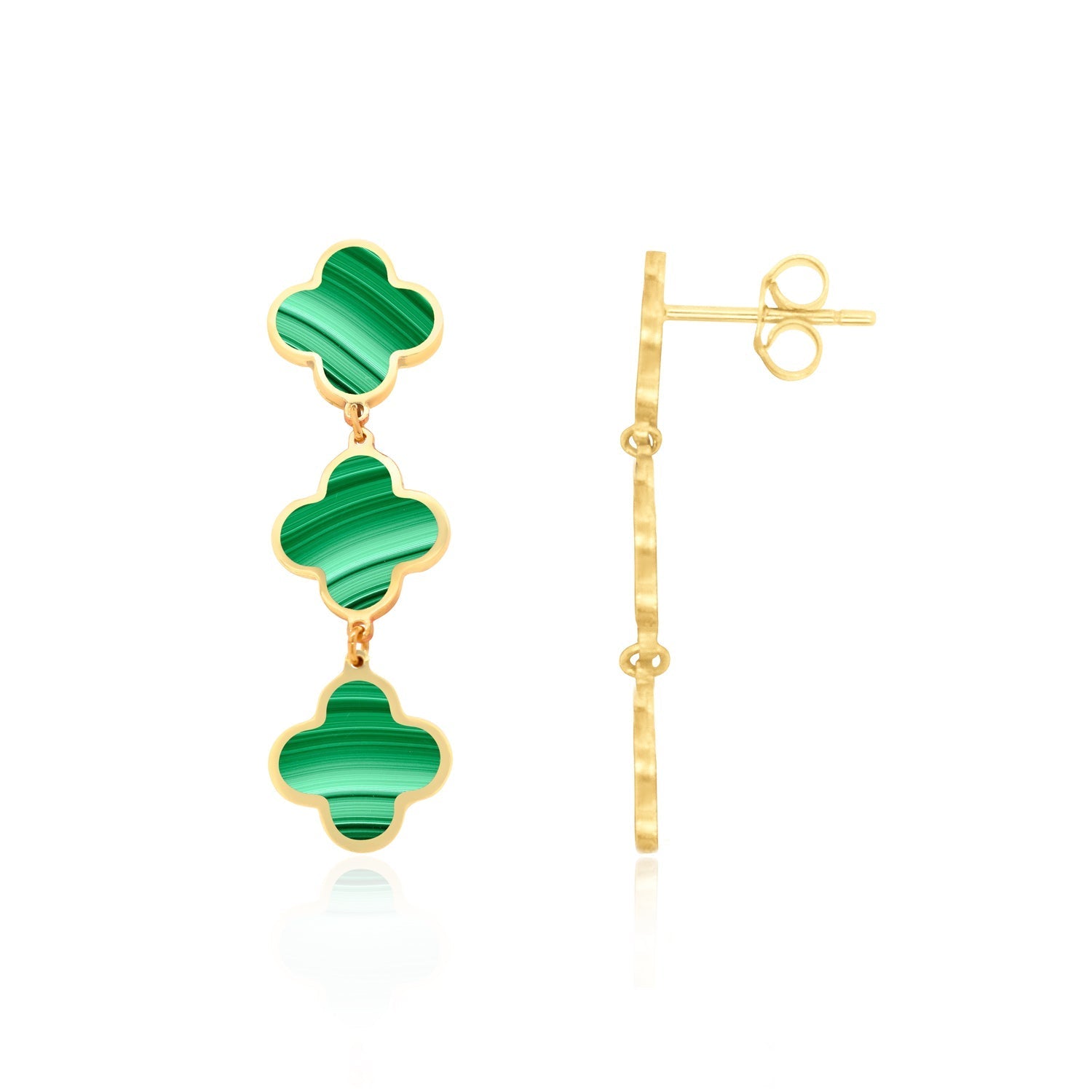 Malachite Clover Dangle Earrings 1.25 Inches