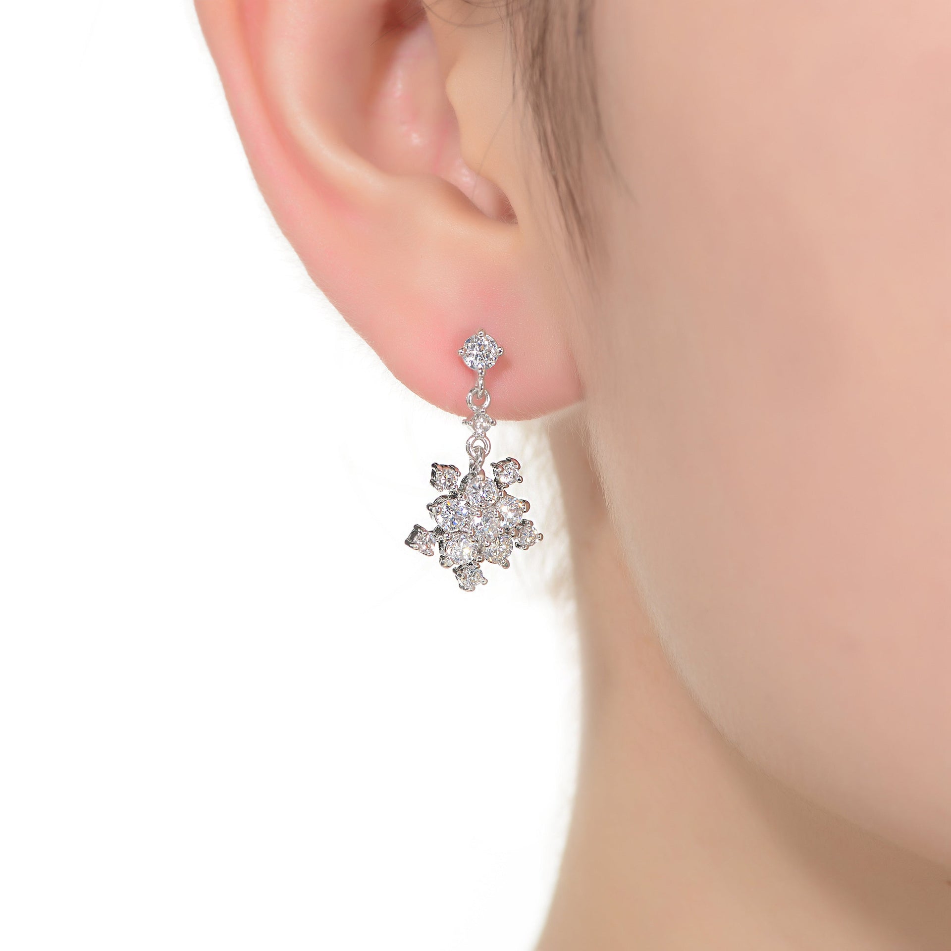 Sterling Silver With Rhodium Plated Clear Round Cubic Zirconia Cluster Flower Style Drop Earrings