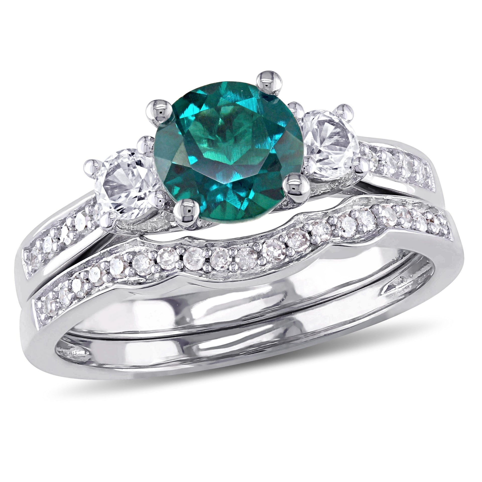 1 1/3ct TW Created Emerald and Created White Sapphire 1/7ct TW Diamond Bridal Set in 10k White Gold