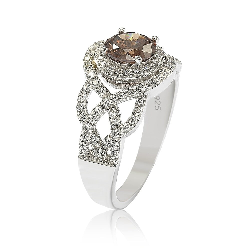 Suzy Levian Sterling Silver Brown Cubic Zirconia Crossover Bridal Ring