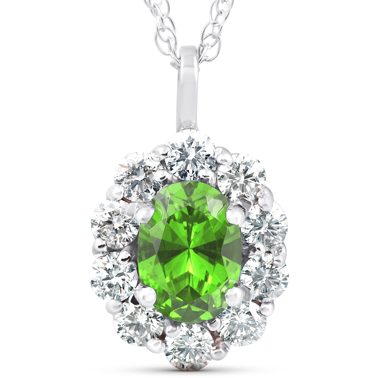 1 3/4ct Oval Peridot & Genuine Diamond Halo Pendant 14K White Gold