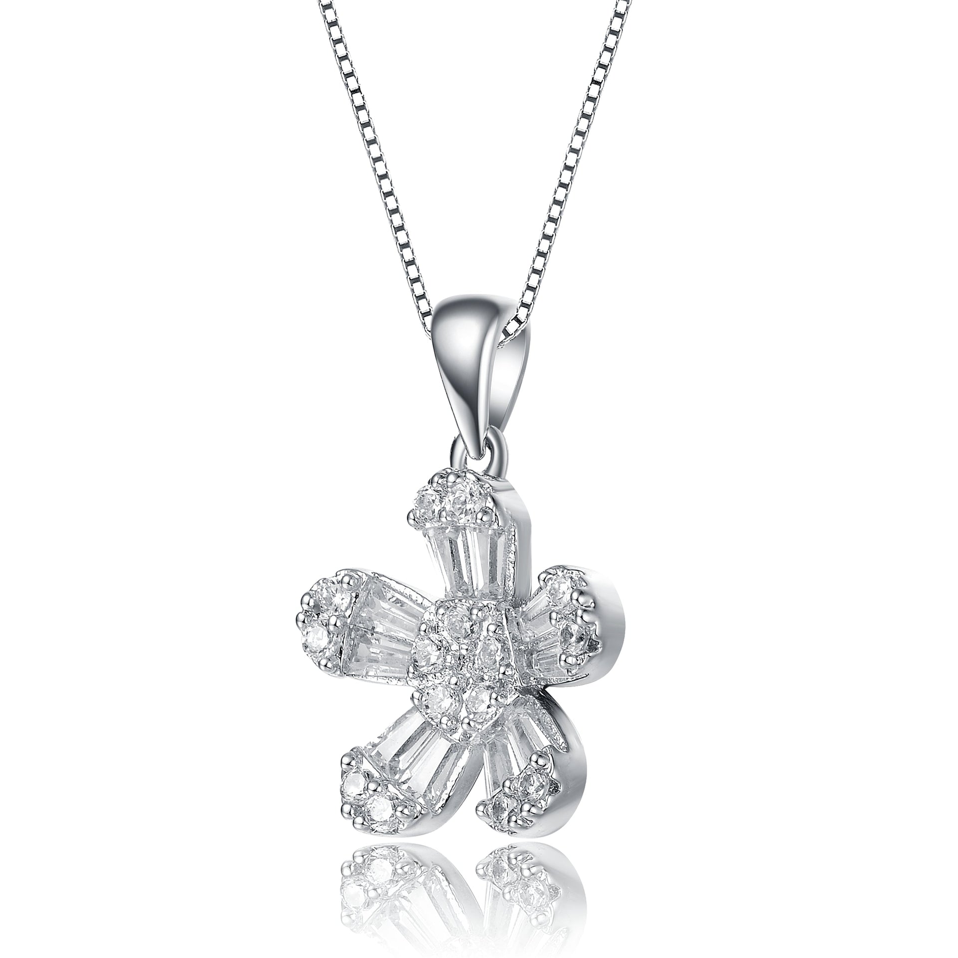 Sterling Silver With Rhodium Plated Baguette Cubic Zirconia Flower Style Pendant Necklace