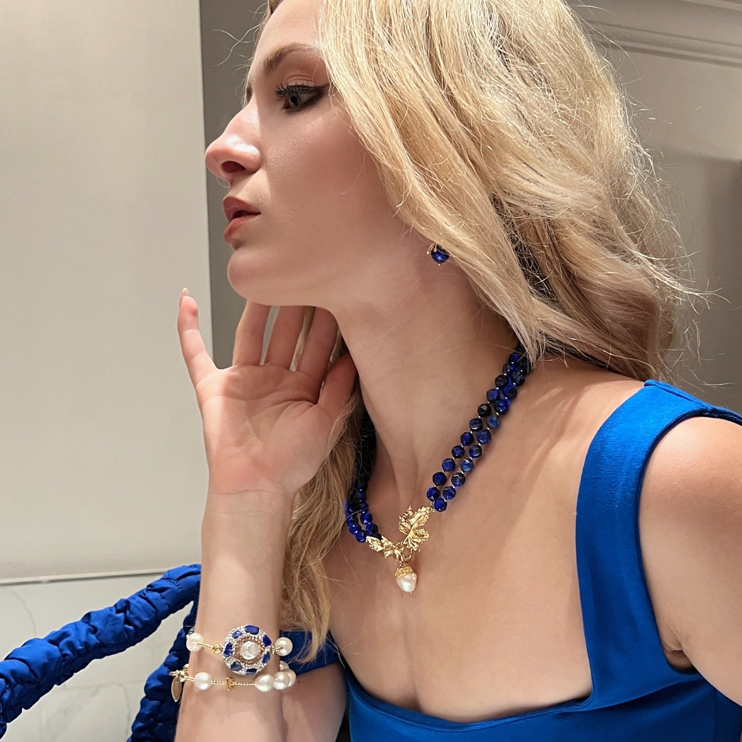 Lapis Stones With Leaf Charm Double Strands Statement Necklace