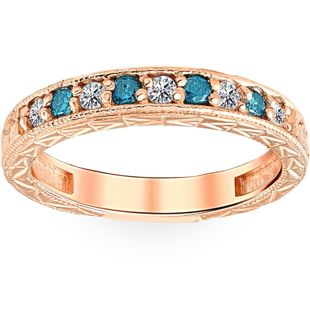 1/4CT Blue & White Diamond Vintage Wedding Anniversary Ring 14K Rose Gold