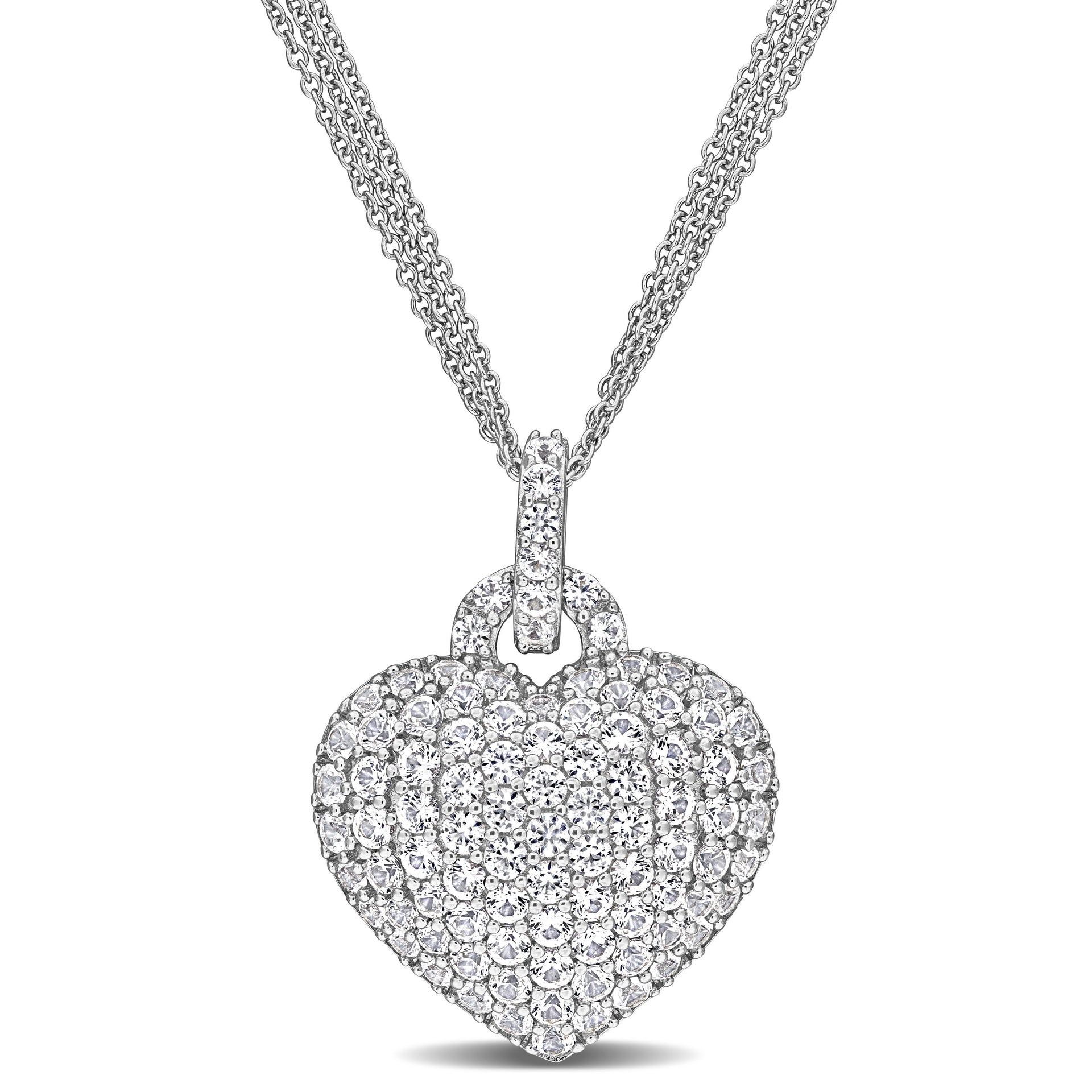 3 1/2 ct TW Created White Sapphire Heart Pendant with Triple-Strand Chain in Sterling Silver