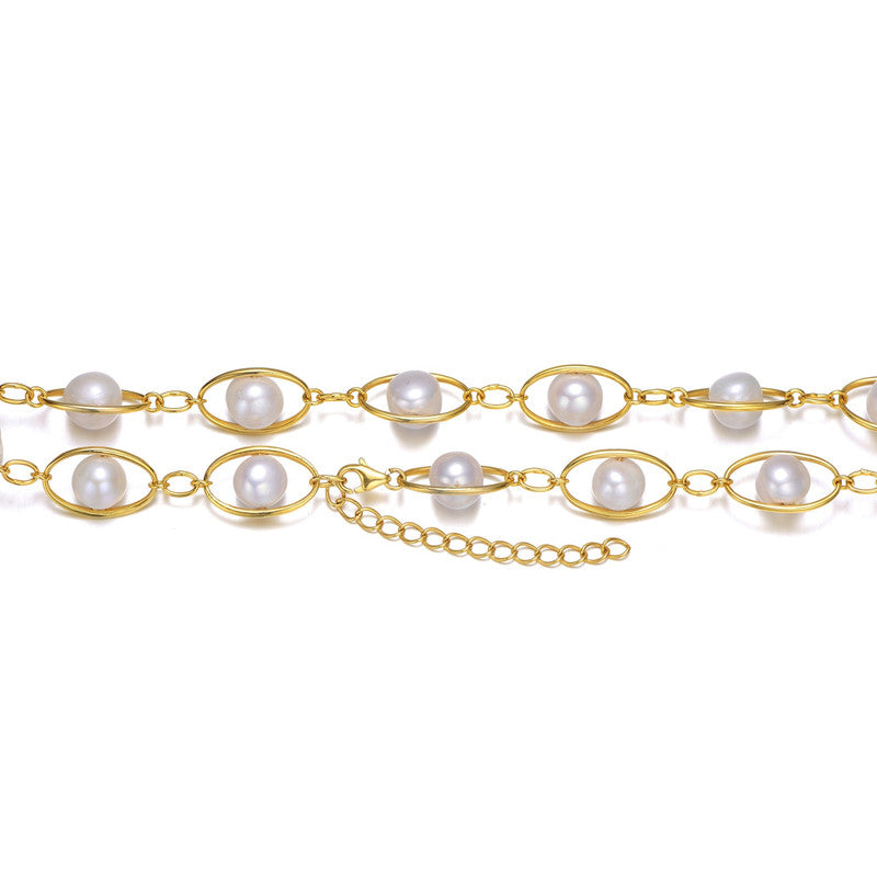 Sterling Silver 14k Gold Plated Genuine Freshwater Pearl Oval Link Necklace