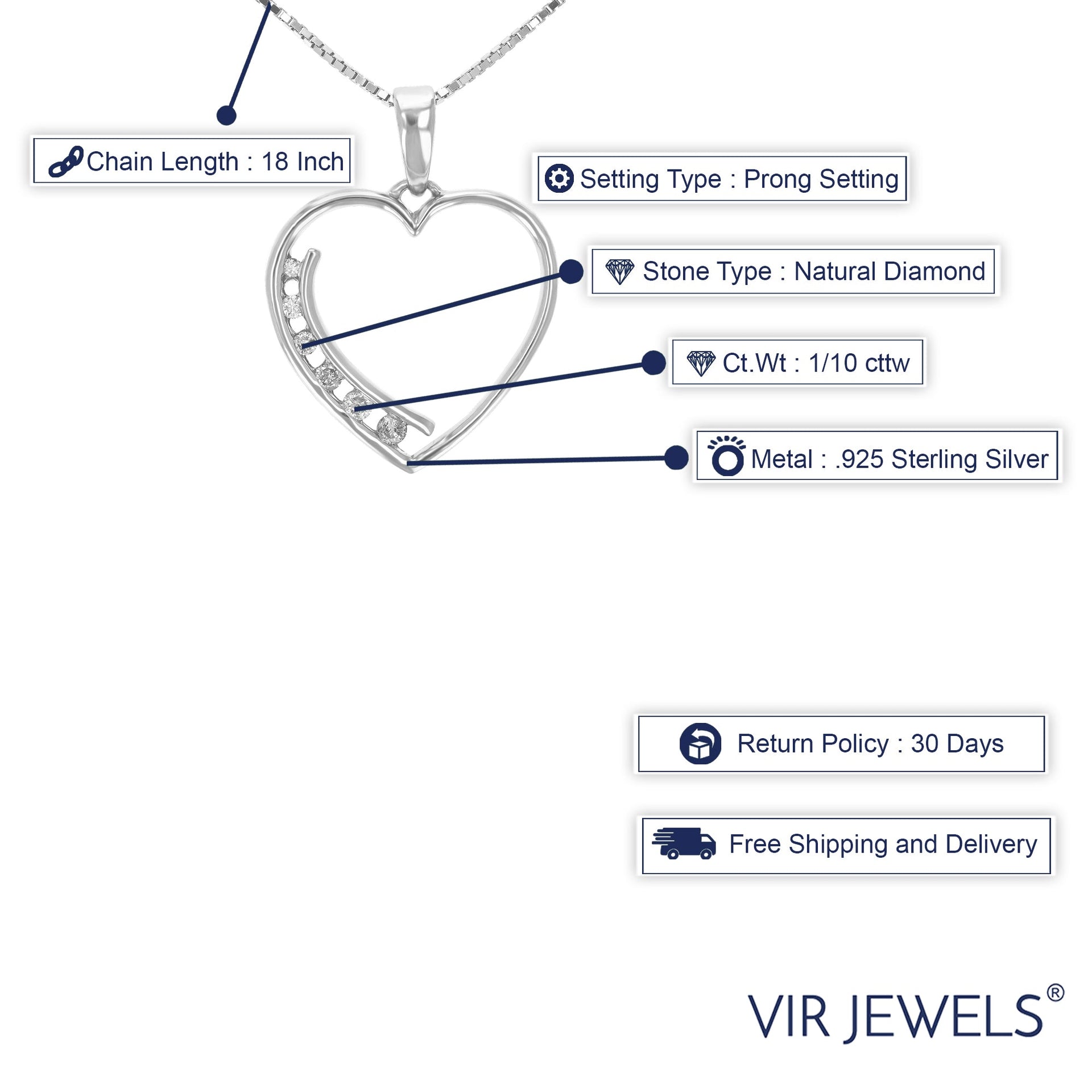 1/10 cttw Diamond Pendant, Diamond Pendant Necklace for Women in 0.925 Sterling Silver with Rhodium, 18 Inch Chain, Prong Setting