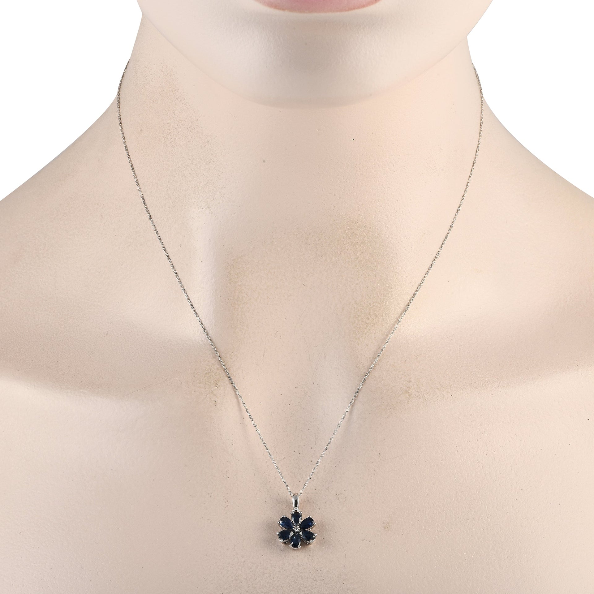 LB Exclusive 14K White Gold 0.01ct Diamond and Sapphire Flower Pendant Necklace PD4-15845WSA