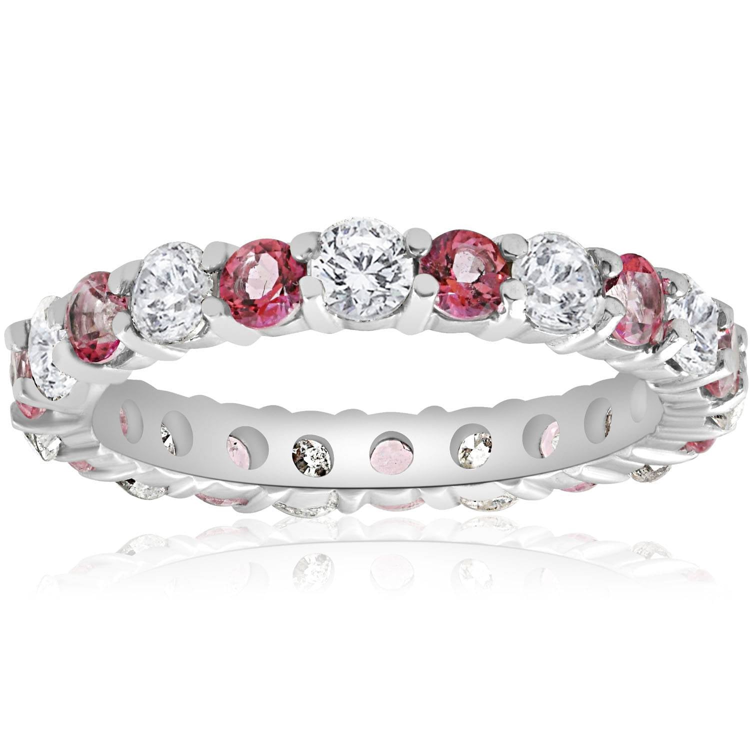 2 CT Diamond & Pink Topaz Eternity Ring 14K White Gold