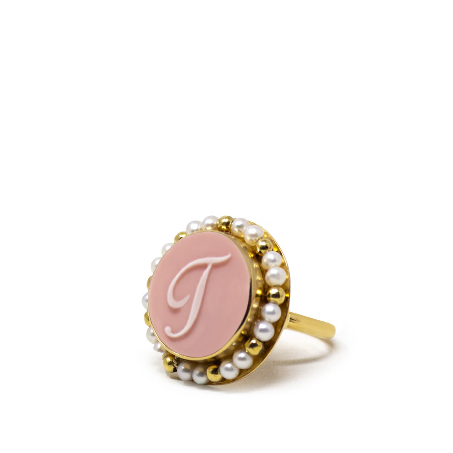 Pink Initial T Cameo Ring With Pearls
