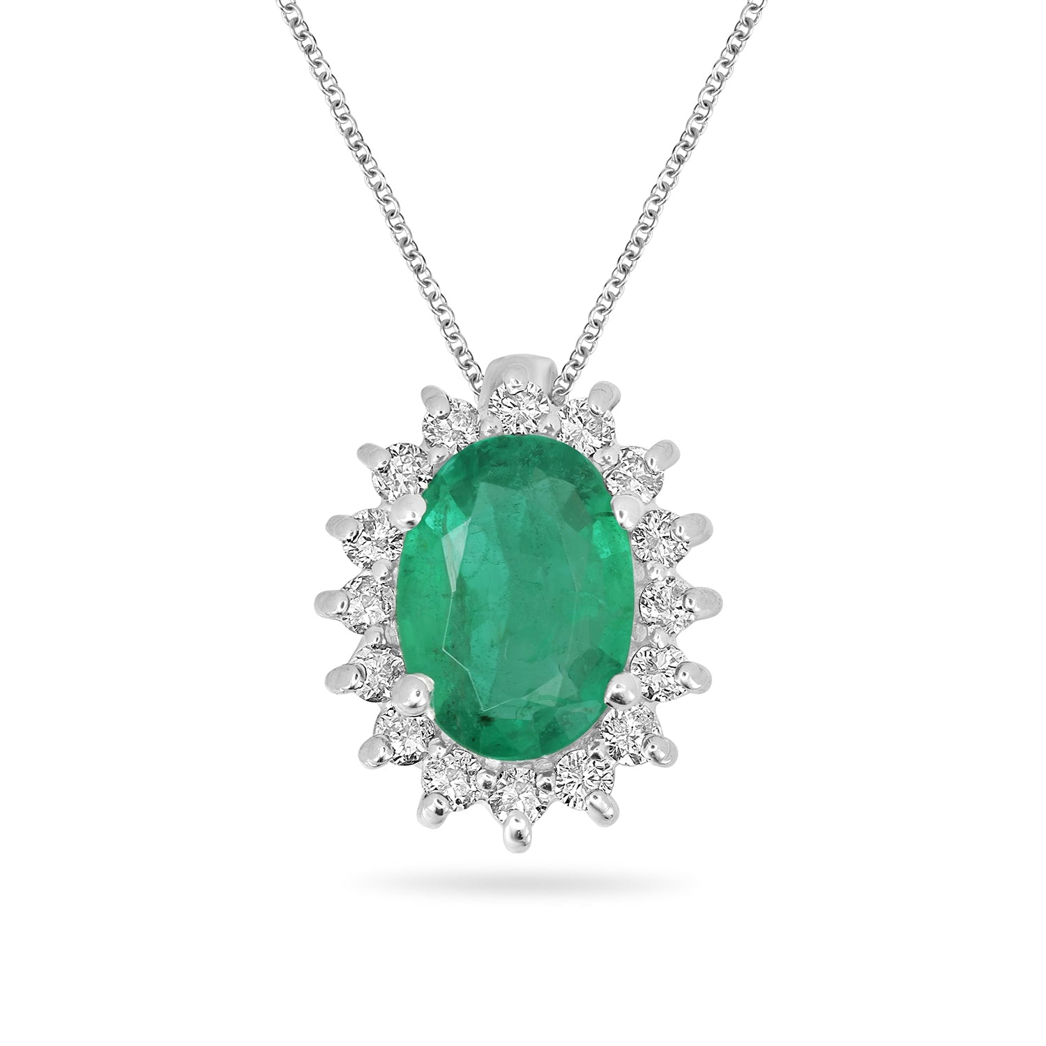Egg Cut Emerald & Diamond Pendant In White Gold