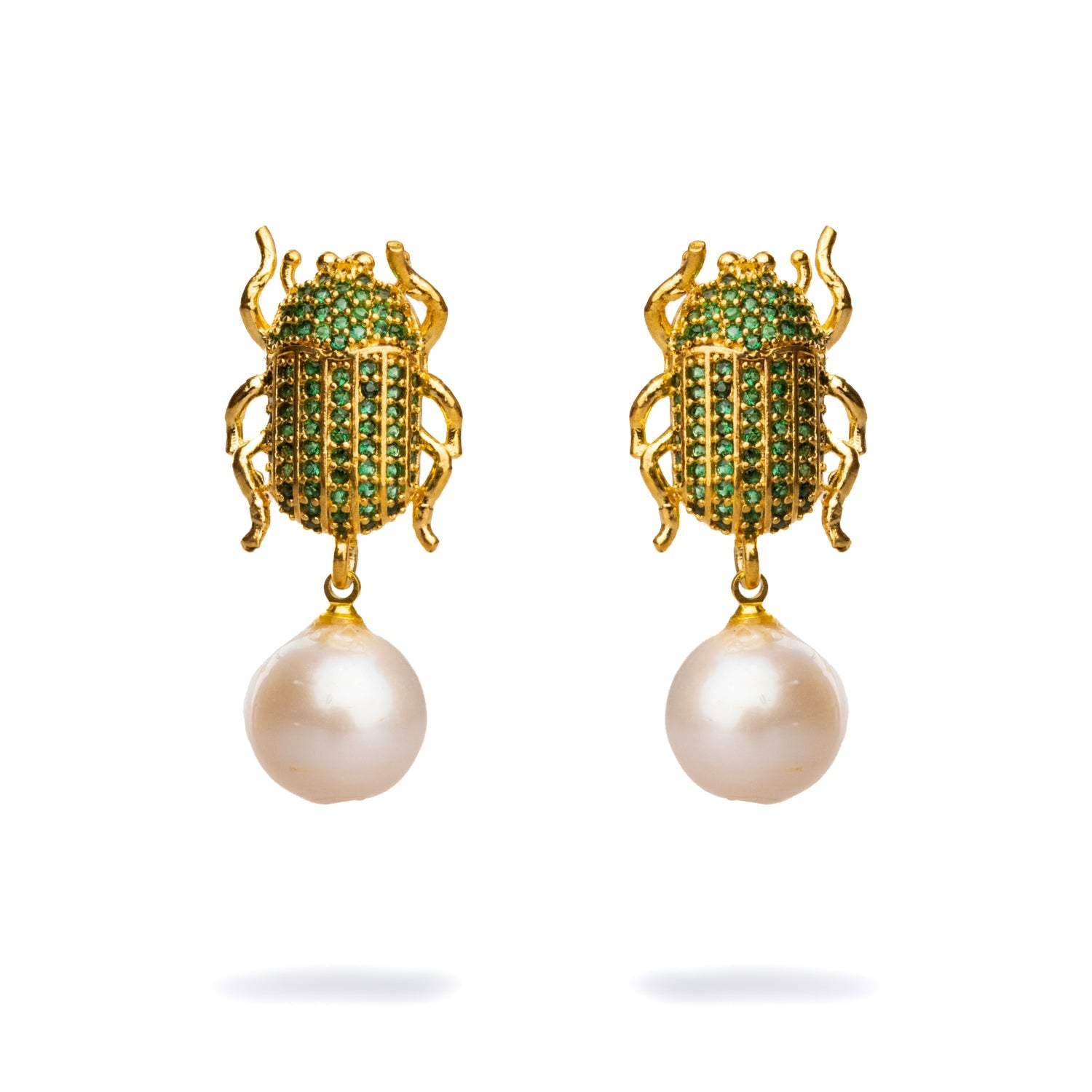 Egyptian Scarab Emerald & Pearl Dangle Mystic Earrings - Green