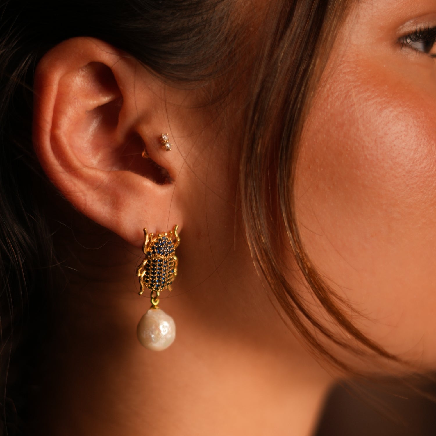 Egyptian Scarab Sapphire & Pearl Dangle Mystic Earrings - Blue