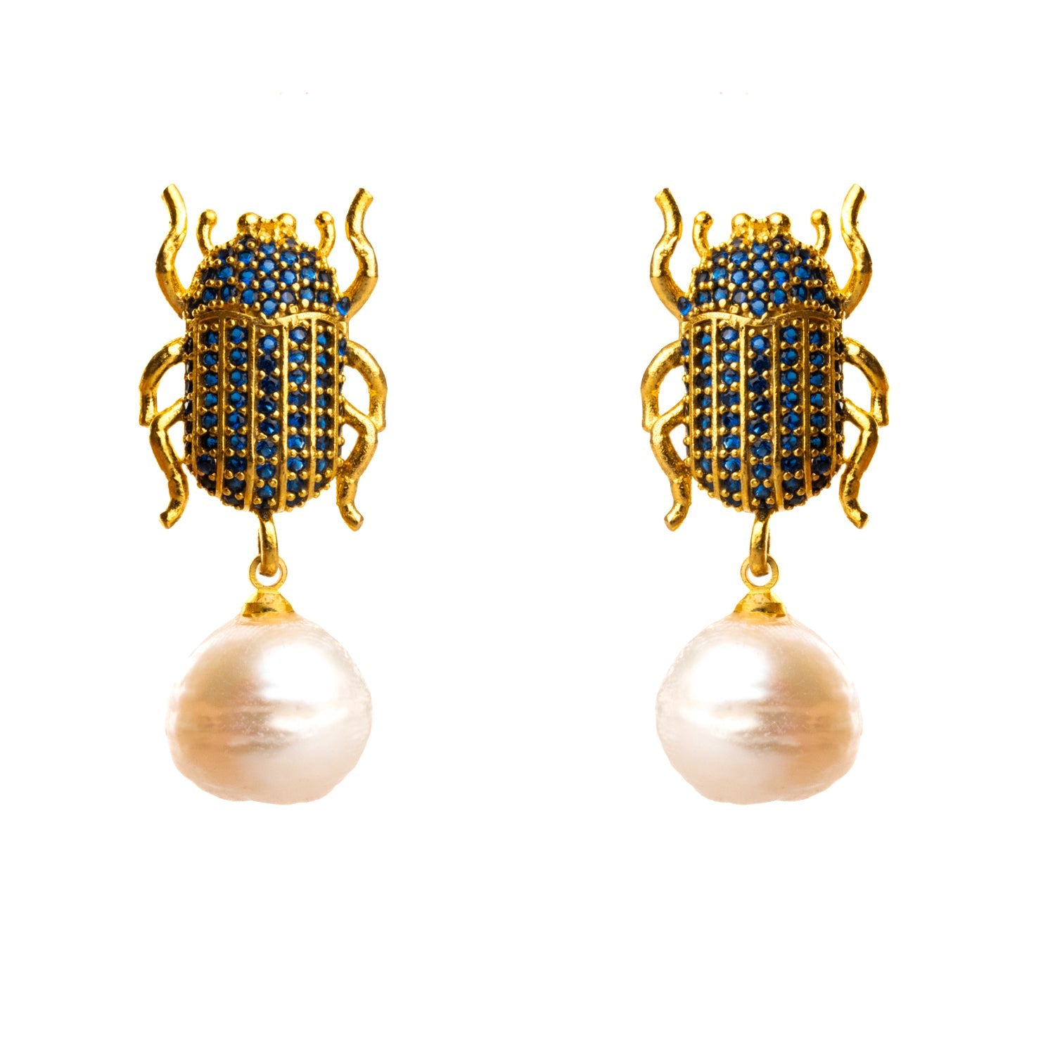 Egyptian Scarab Sapphire & Pearl Dangle Mystic Earrings - Blue