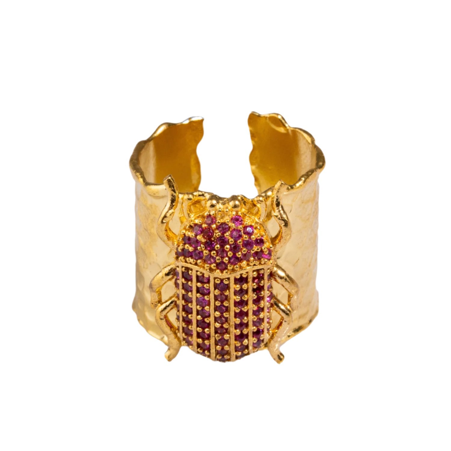 Egyptian Symbol Scarab Beetle Ruby & Gold Chunky Ring - Pink