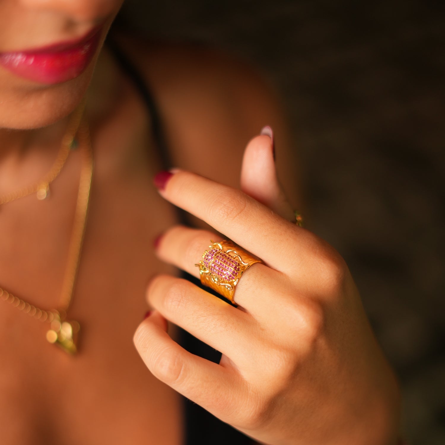 Egyptian Symbol Scarab Beetle Ruby & Gold Chunky Ring - Pink