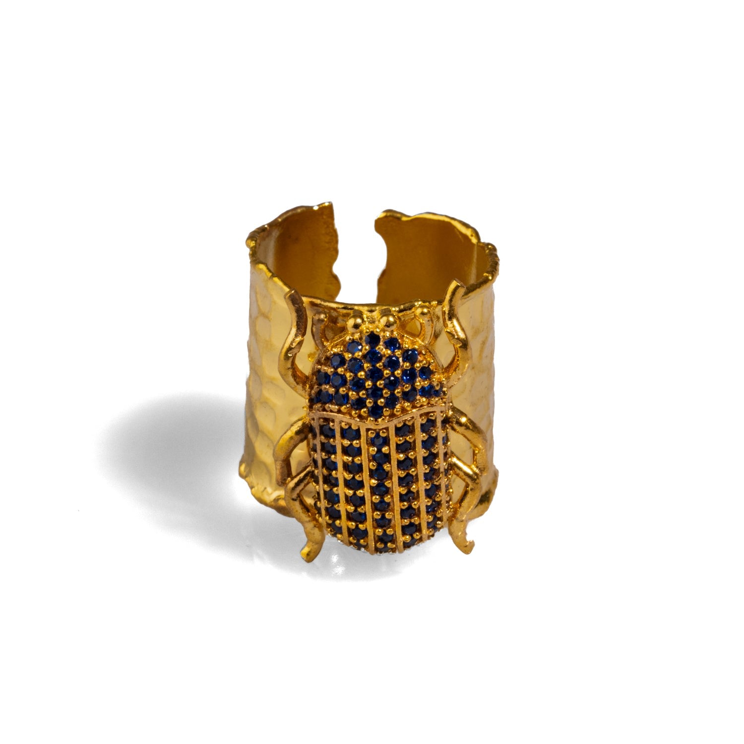 Egyptian Symbol Scarab Beetle Sapphire & Gold Chunky Ring - Blue