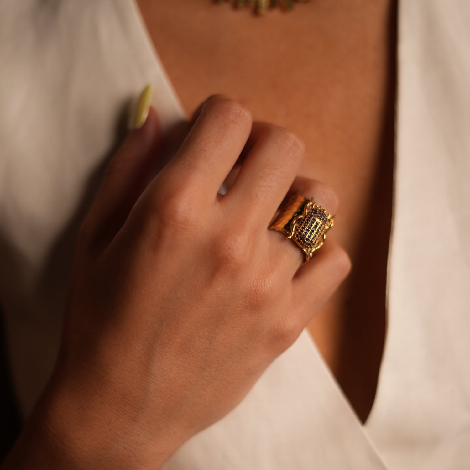Egyptian Symbol Scarab Beetle Sapphire & Gold Chunky Ring - Blue