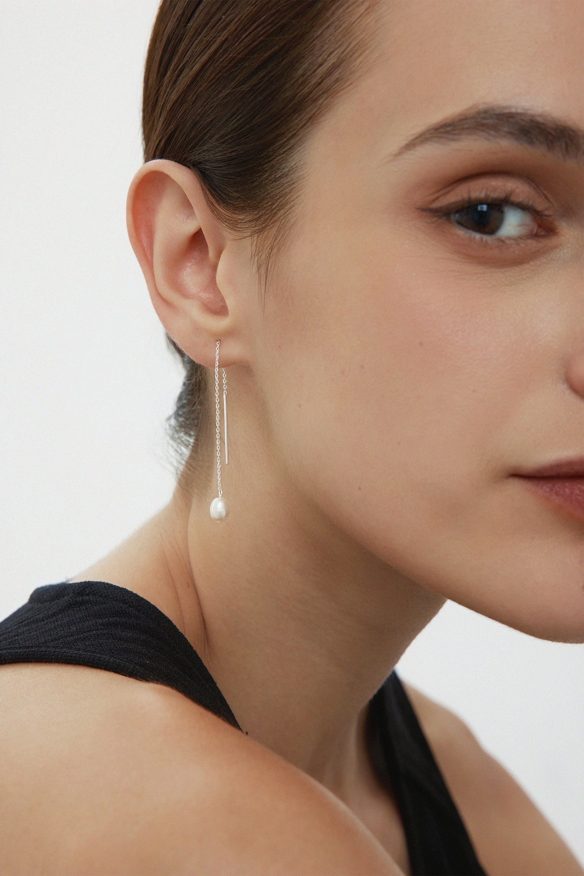 Eira Pearl Drop Threader Earrings In Silver