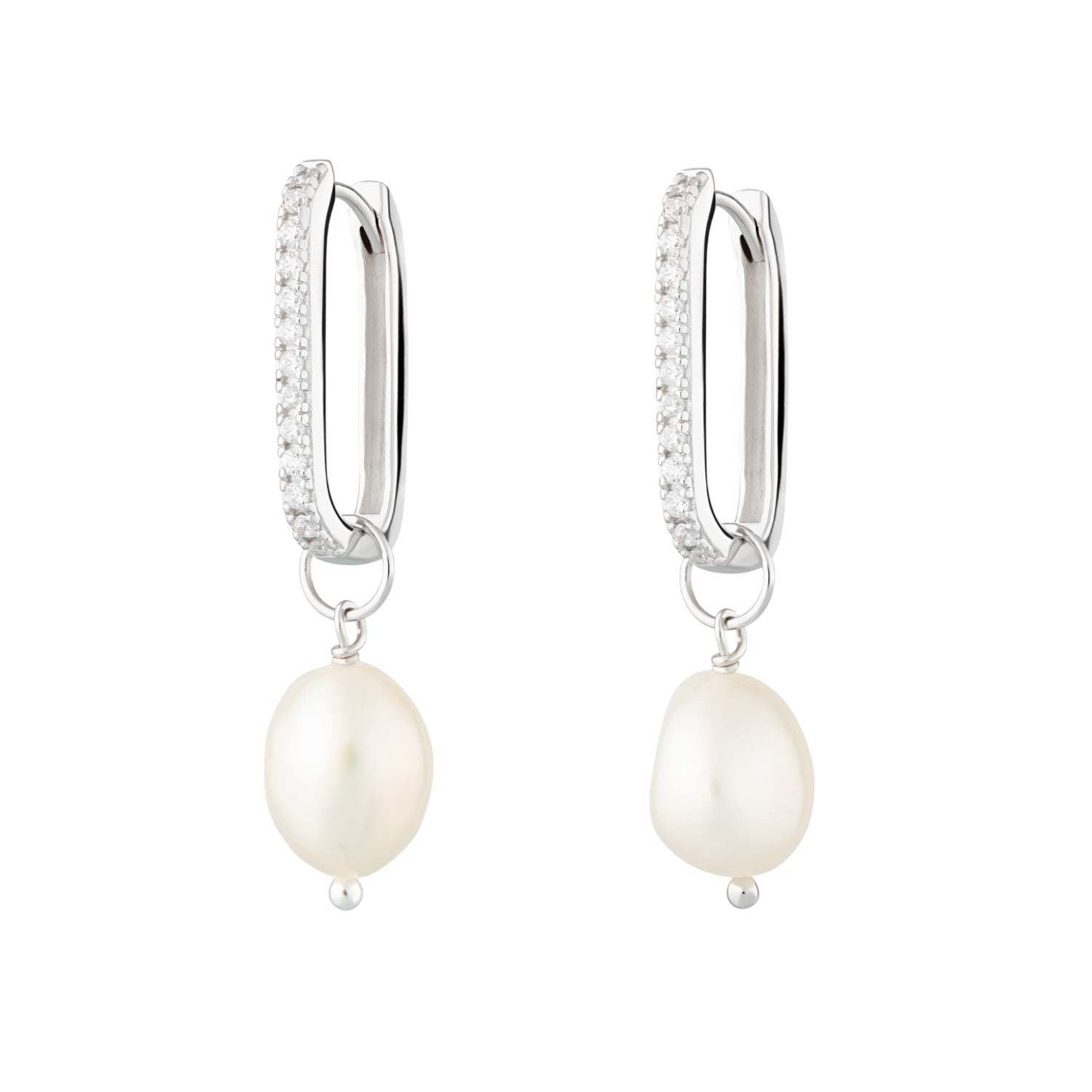 Silver Sparkle Oval Hoop Earrings With Baroque Pearls