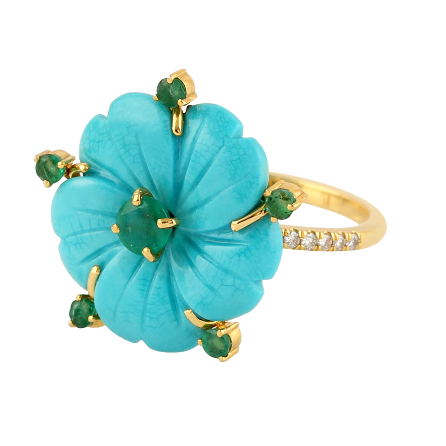 Elegant Carving Flower Cocktail Rings 18k Yellow Gold Mix Stone Emerald Diamond