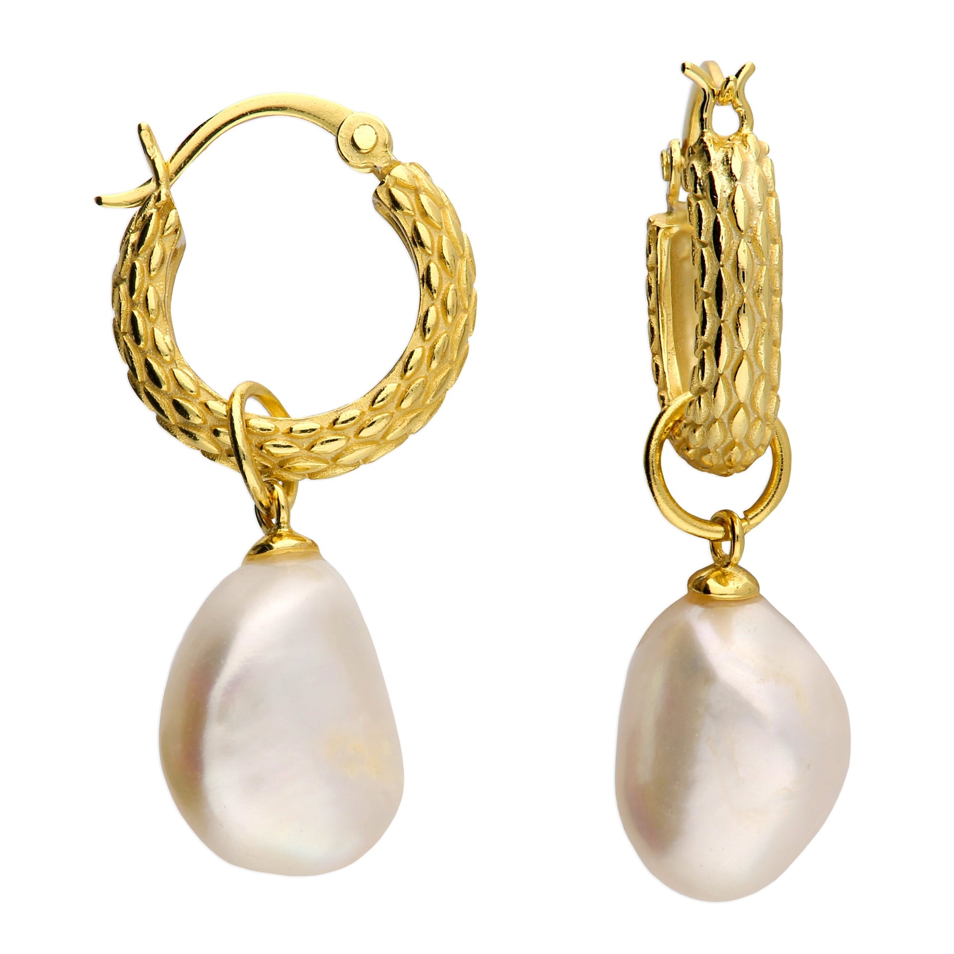 Elegant Gold Plated Basket Weave Hoop Earrings With Freshwater Pearl Charm