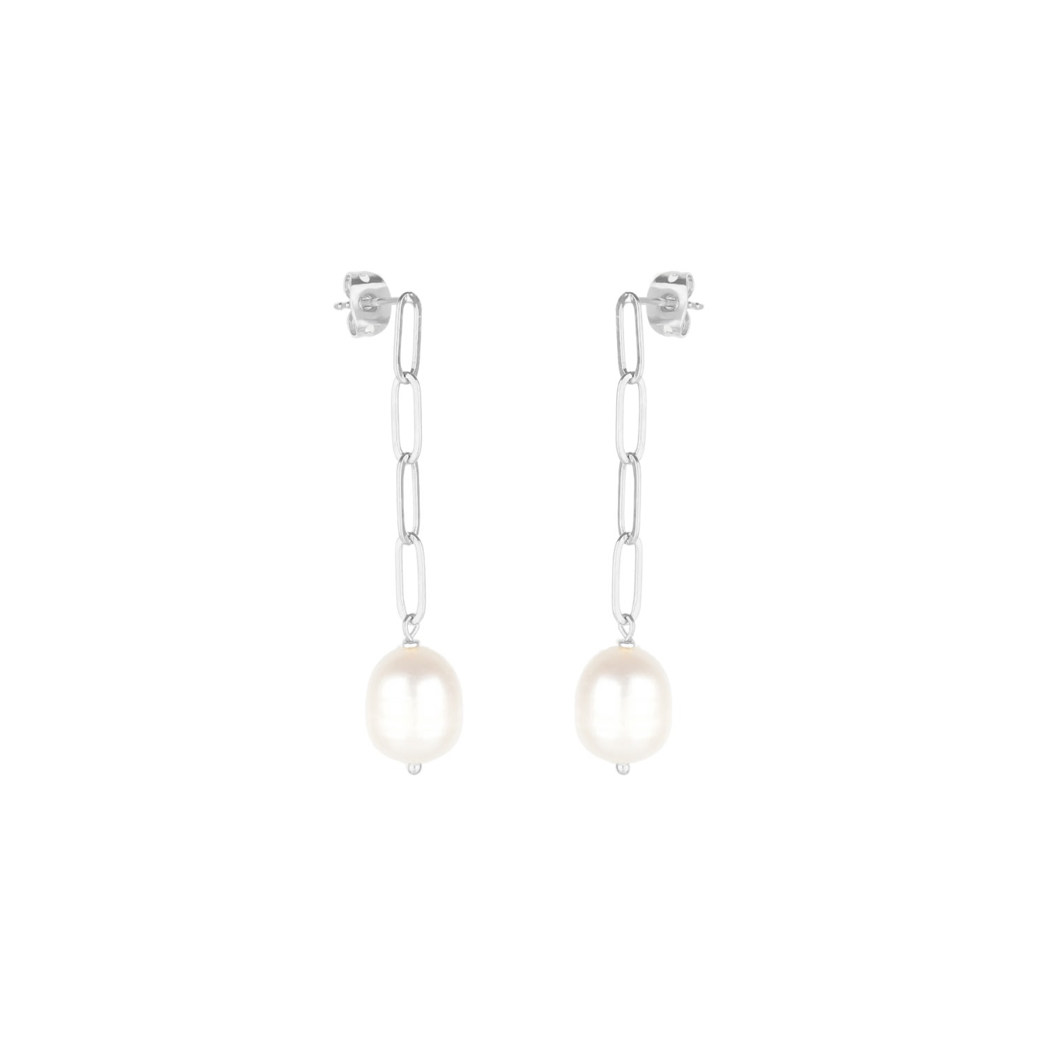 Elegant Silver Paperclip Chain Pearl Drop Earrings