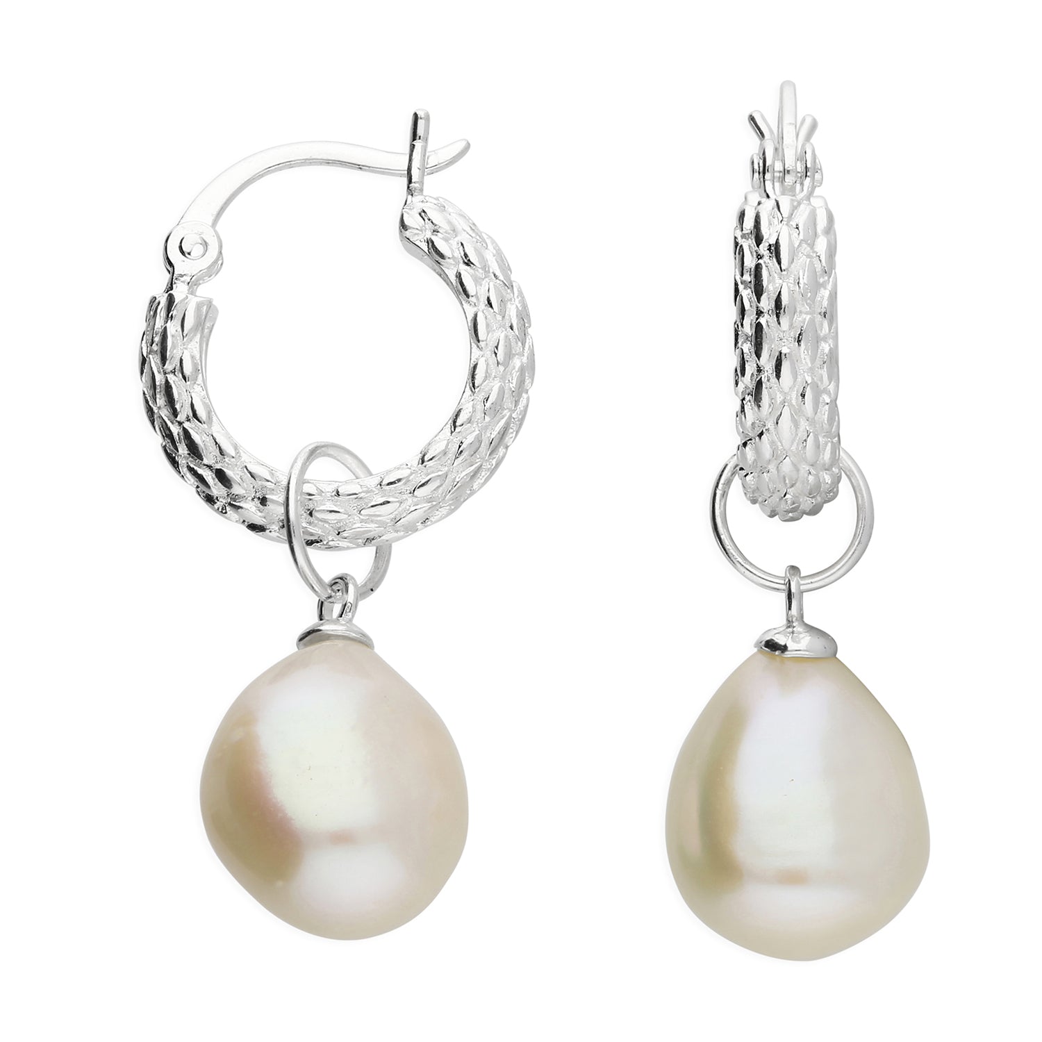 Elegant Sterling Silver Basket Weave Hoop Earrings With Freshwater Pearl Charm