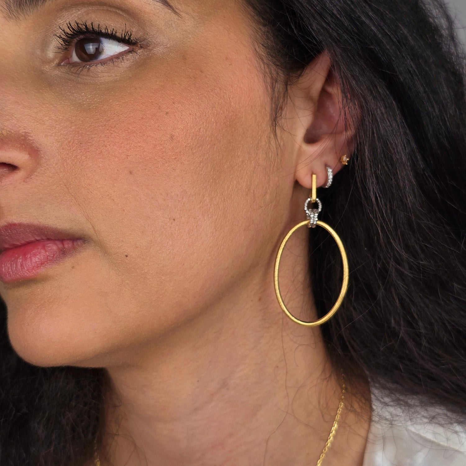 Elegant Two-Tone Diamond Cut Circle Drop Earrings With Gold-Plated Satin Finish