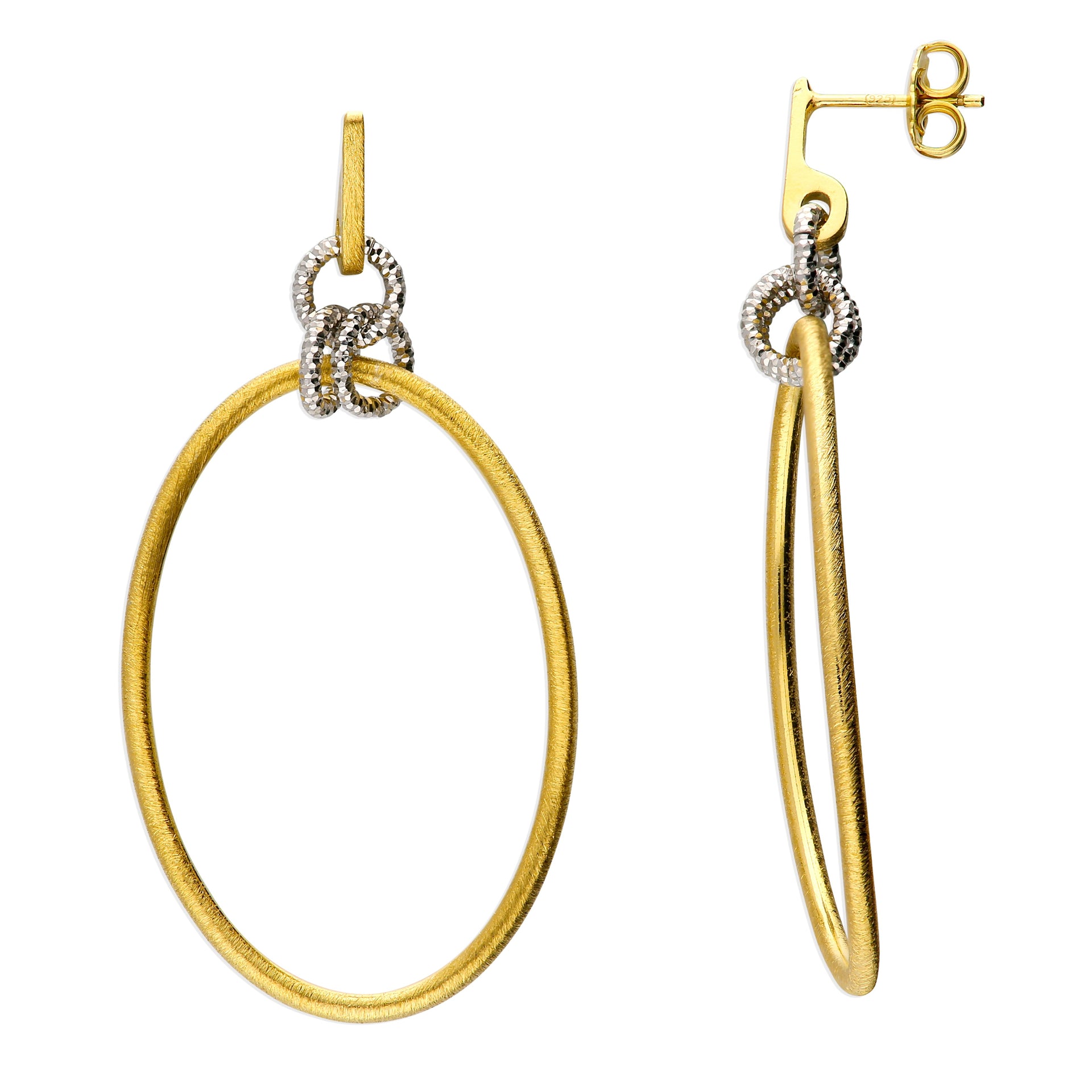 Elegant Two-Tone Diamond Cut Circle Drop Earrings With Gold-Plated Satin Finish