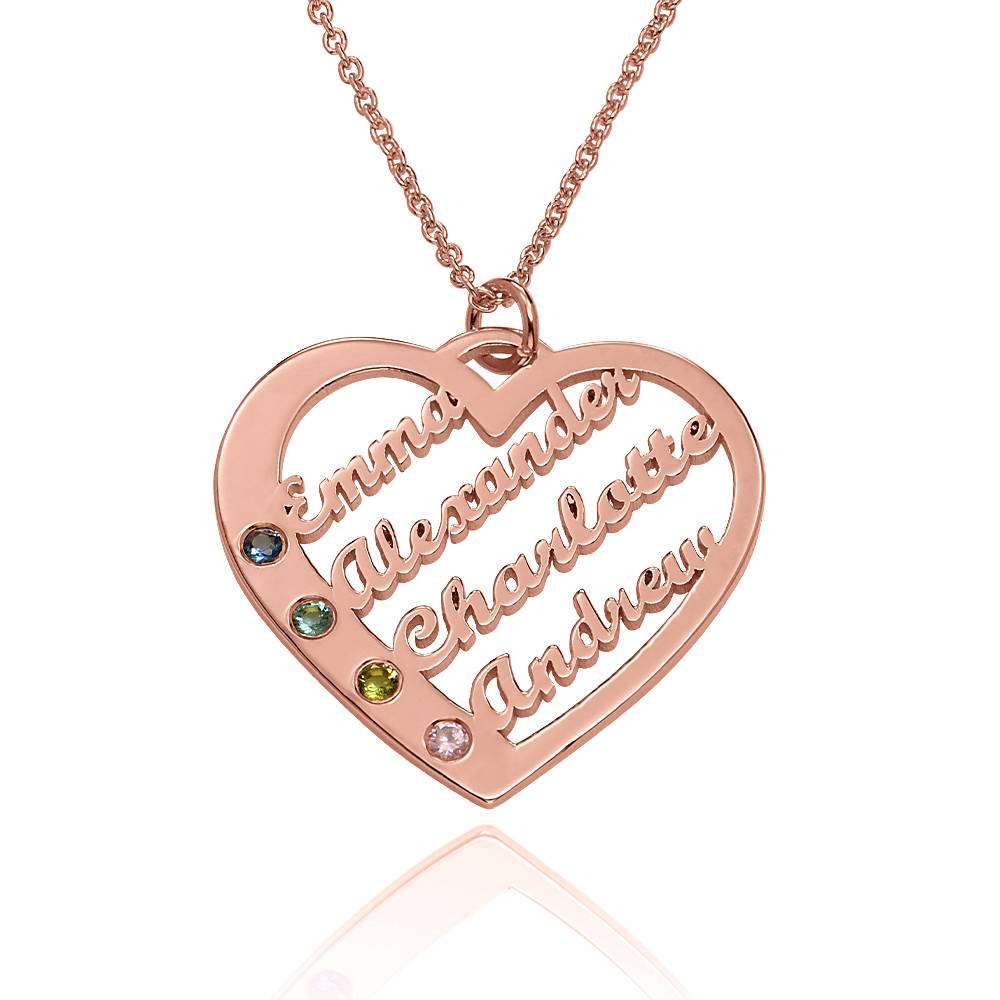 Birthstone Heart Necklace with Names in 18K Rose Gold Plating - Mother's Day Gift - Gift for Mom