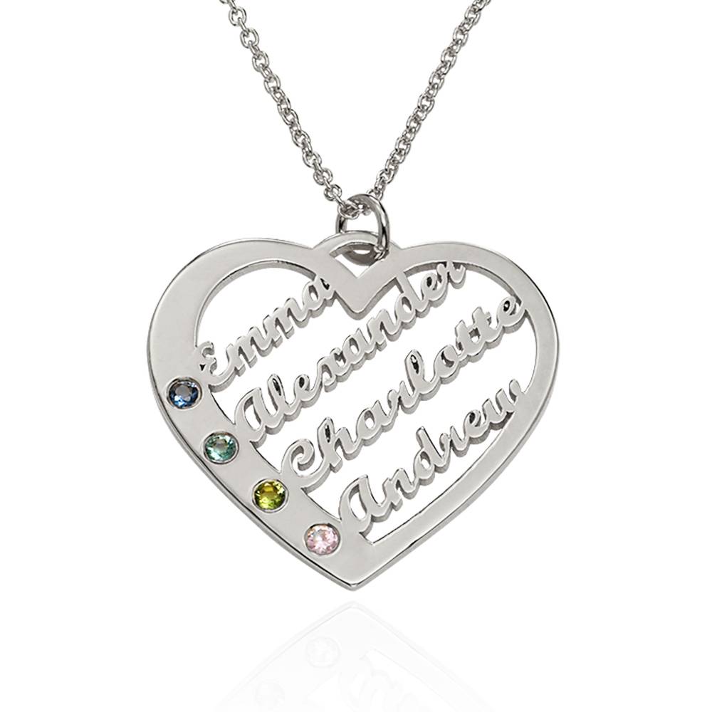 Ella Birthstone Heart Necklace with Names in Silver