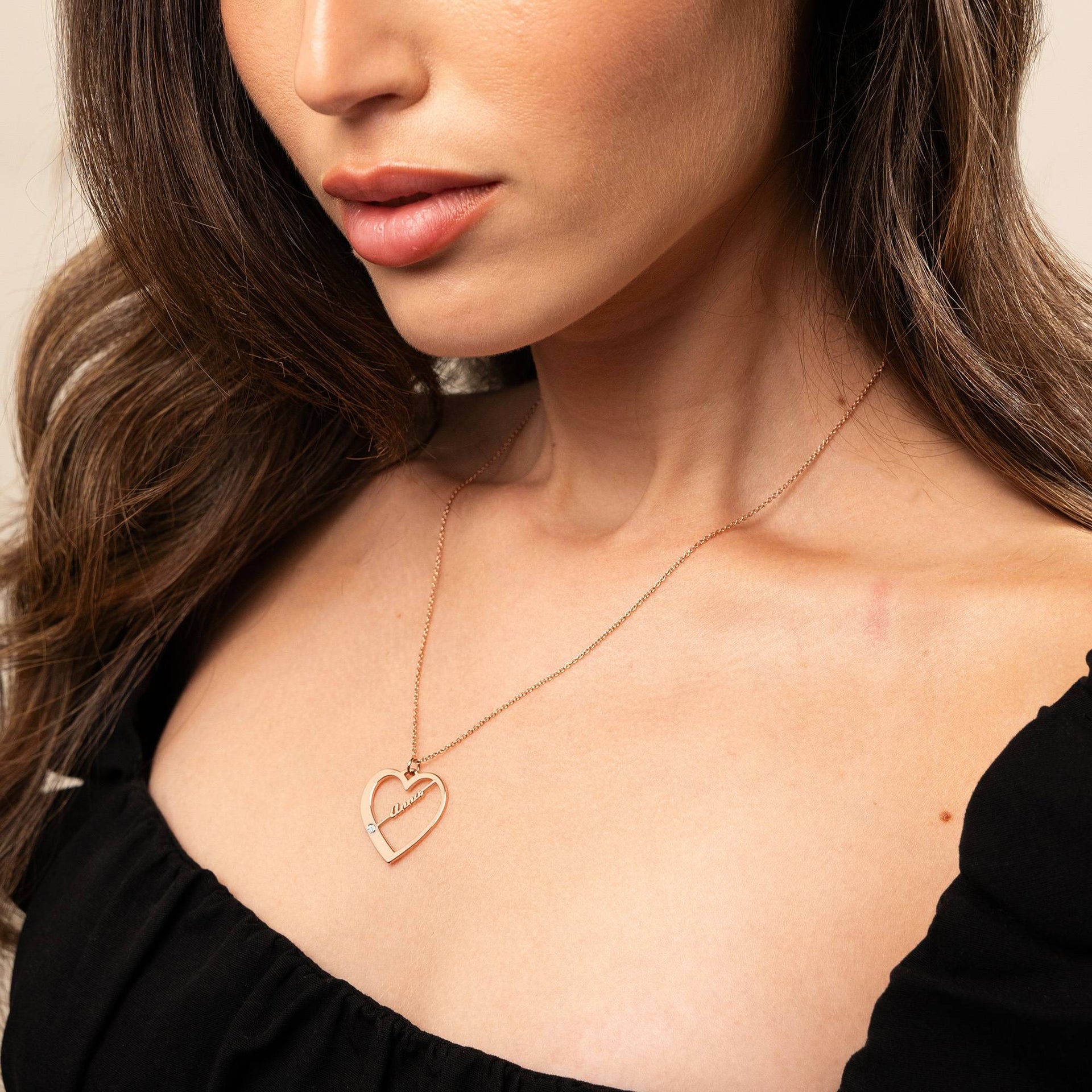 Ella Diamond Heart Necklace with Names in 18K Rose Gold Plating