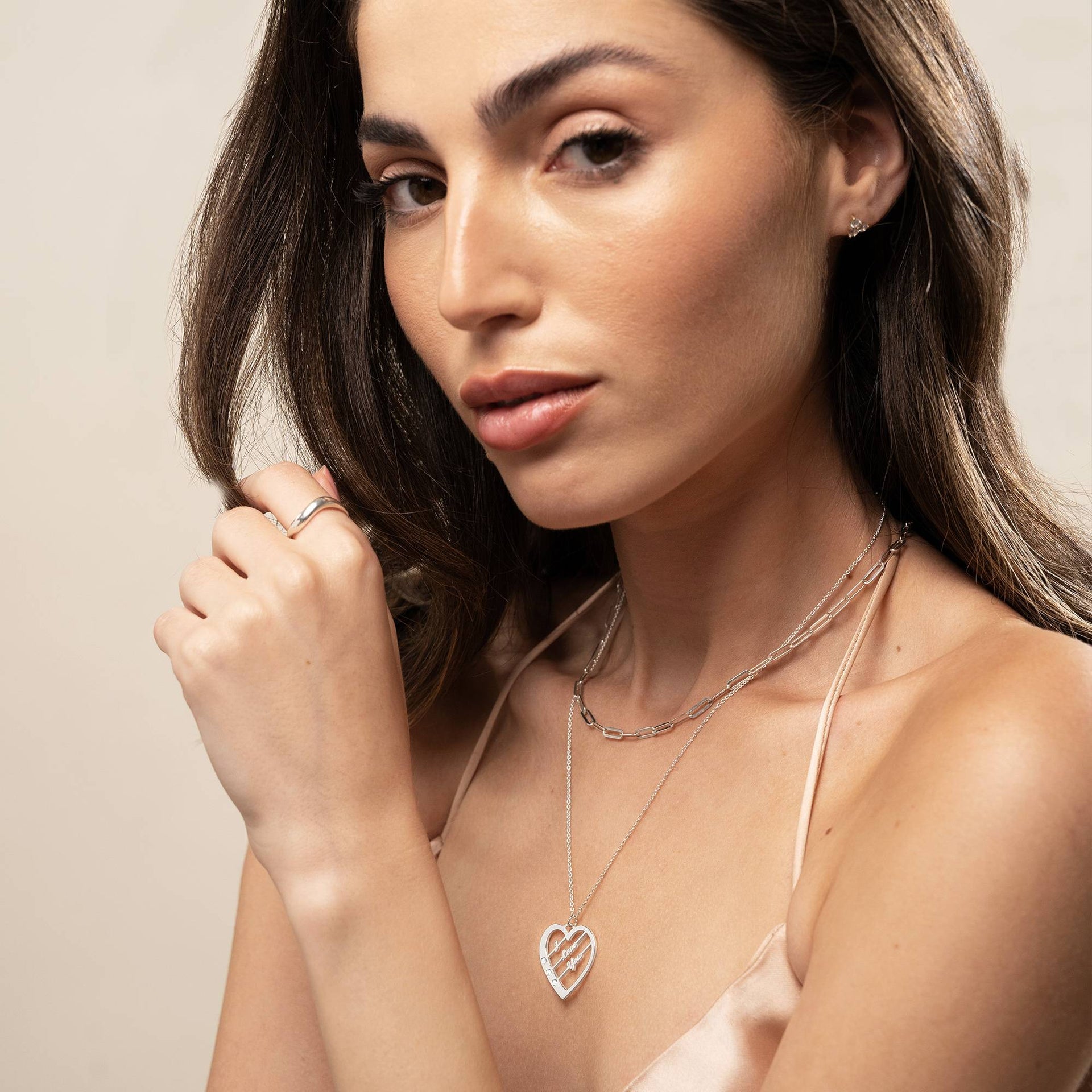 Ella Diamond Heart Necklace with Names in Sterling Silver