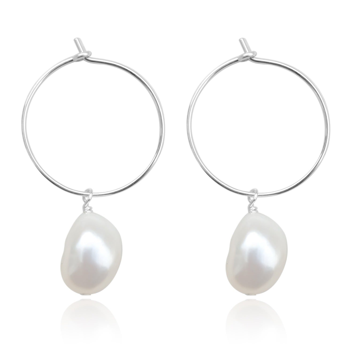 Elle Thin Hoop Pearl Drop Sterling Silver Earrings