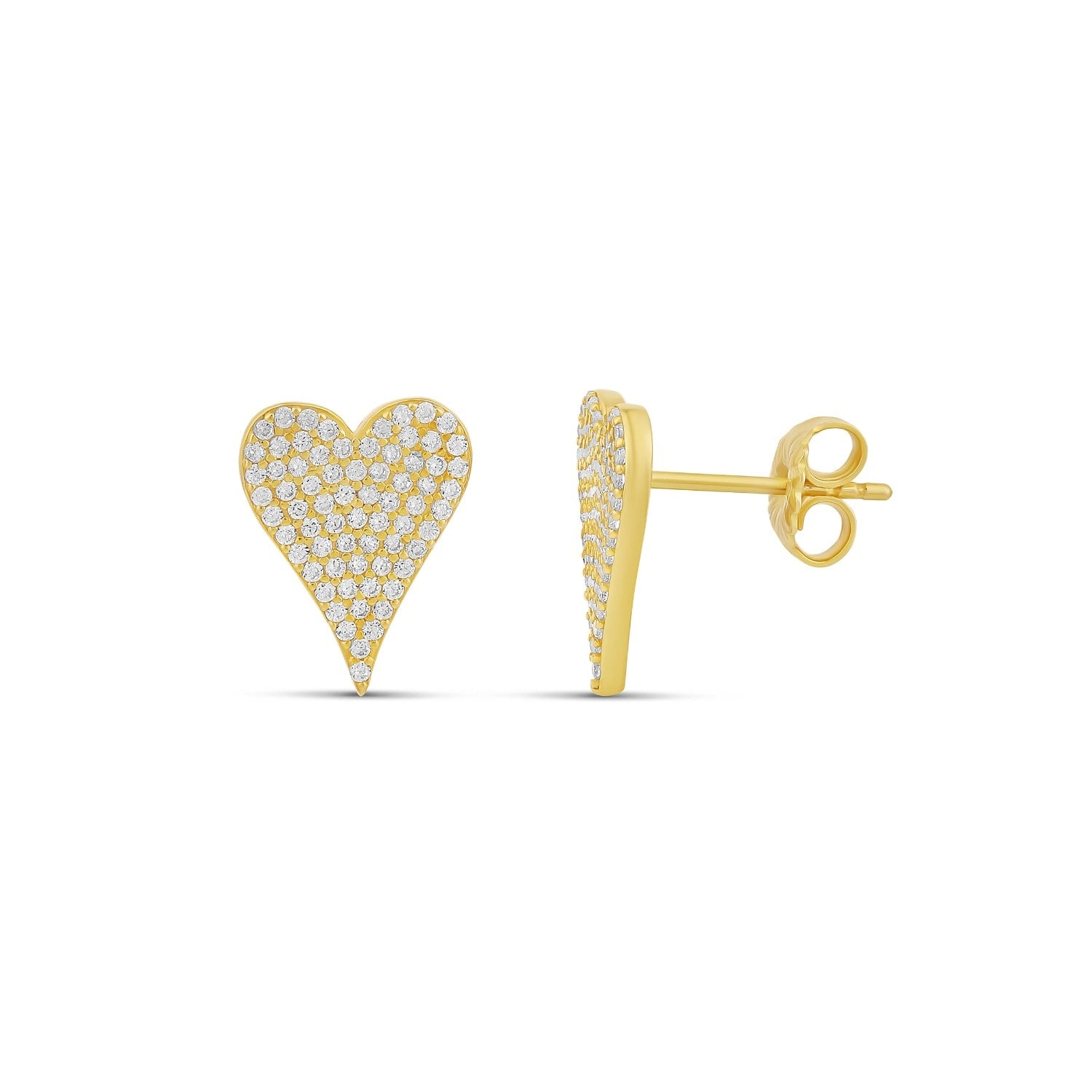 Elongated Large Pave Heart Studs - Gold