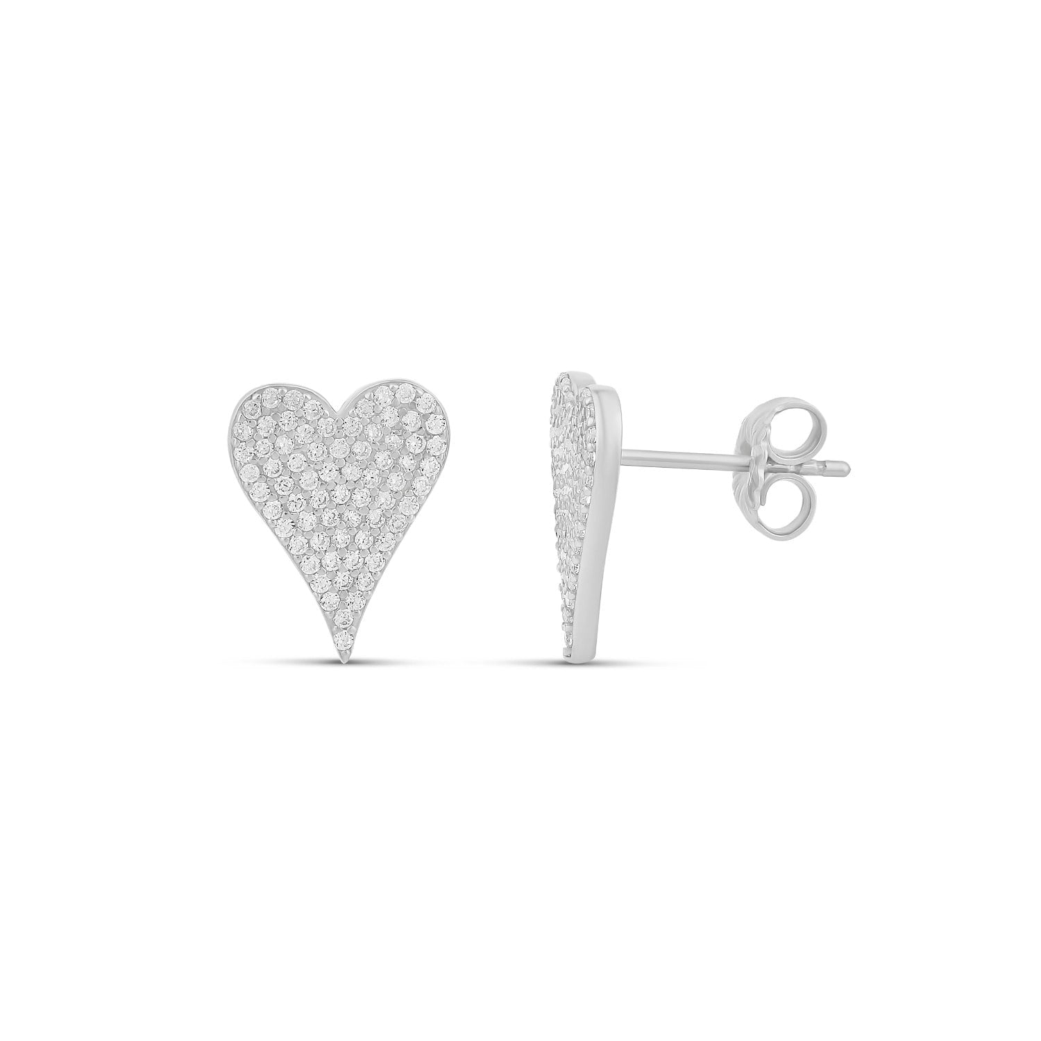 Elongated Large Pave Heart Studs - Silver