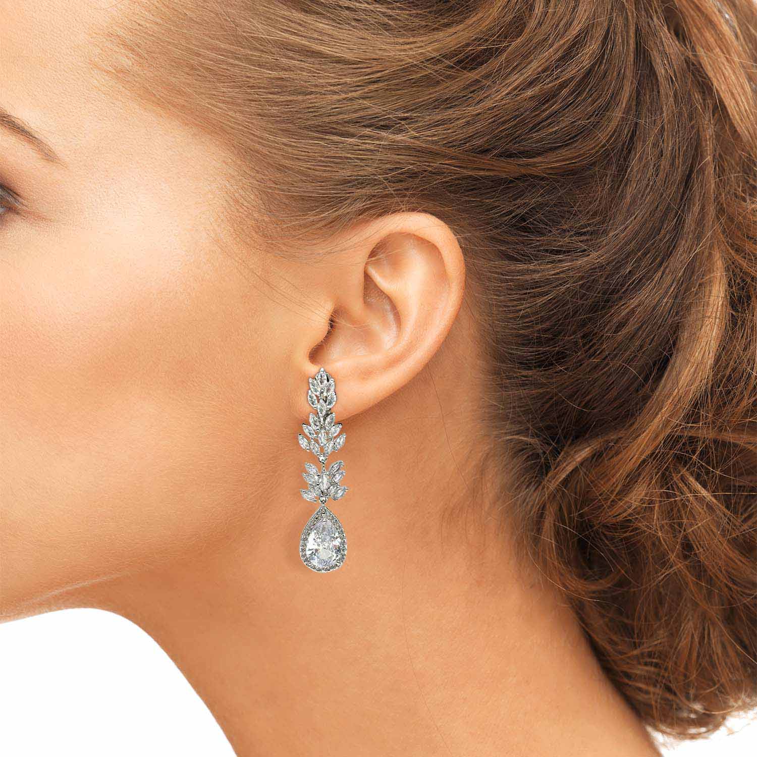 Elongated Small Navette Shaped Diamond Clip On Cubic Zirconium Earrings With Large Pear Shape Drops