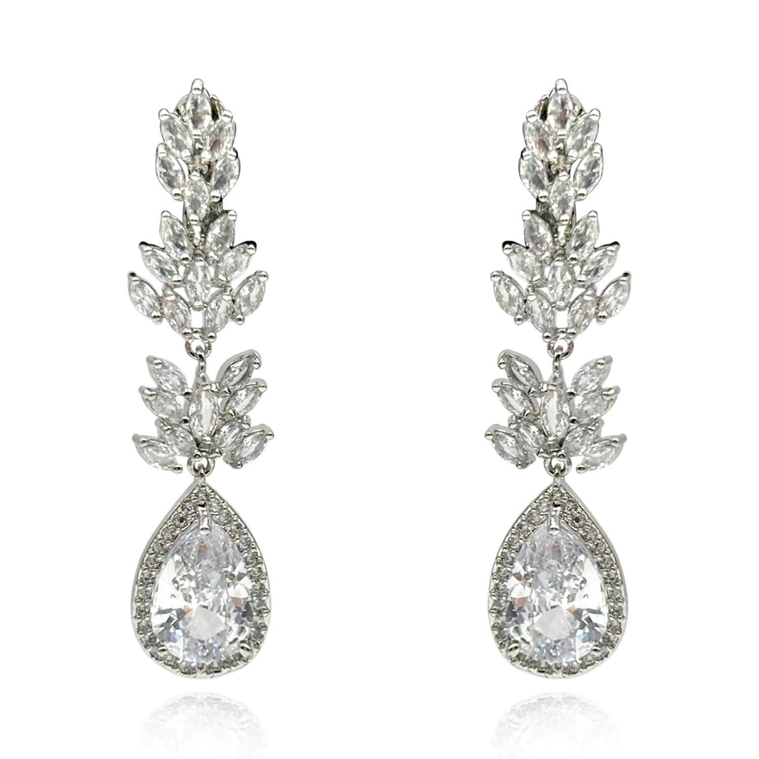 Elongated Small Navette Shaped Diamond Clip On Cubic Zirconium Earrings With Large Pear Shape Drops