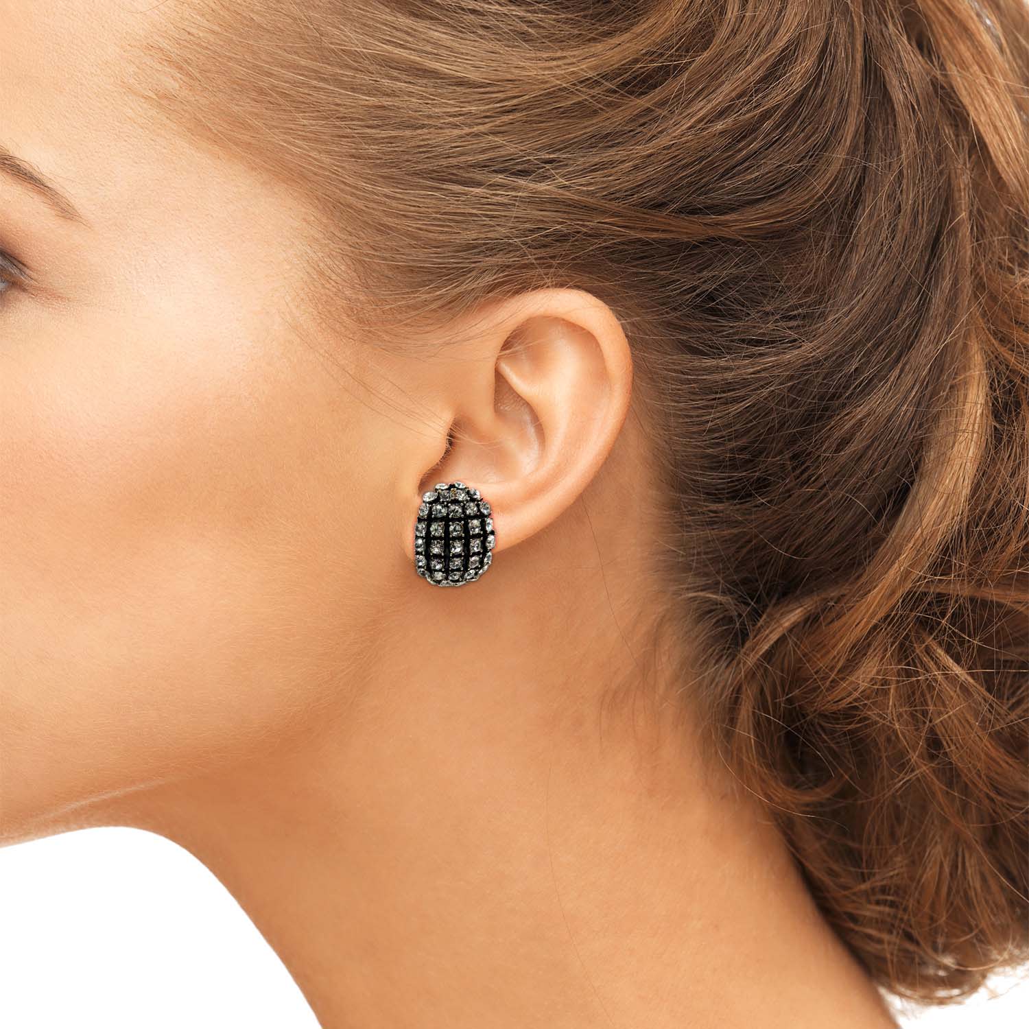 Elsa Black Enamel & Crystal Scalloped Button Clip Earrings