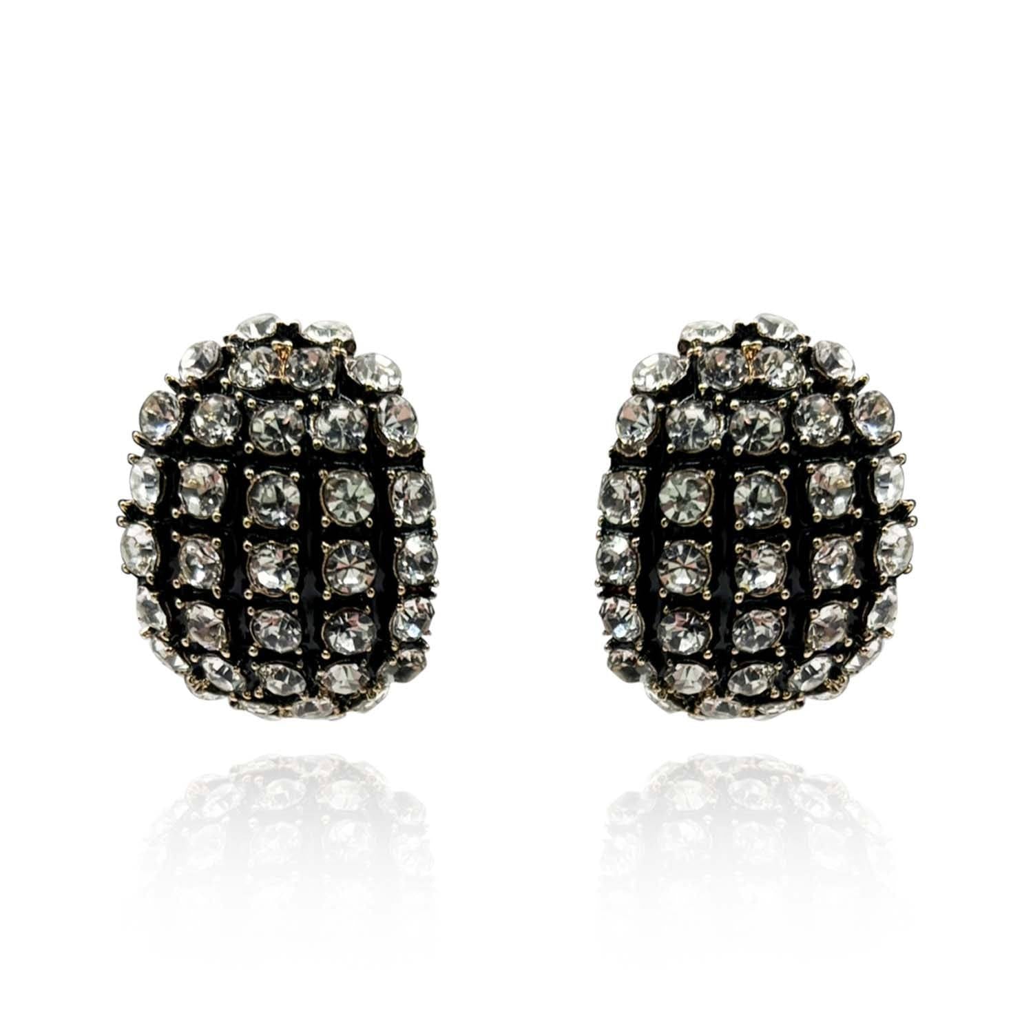 Elsa Black Enamel & Crystal Scalloped Button Clip Earrings